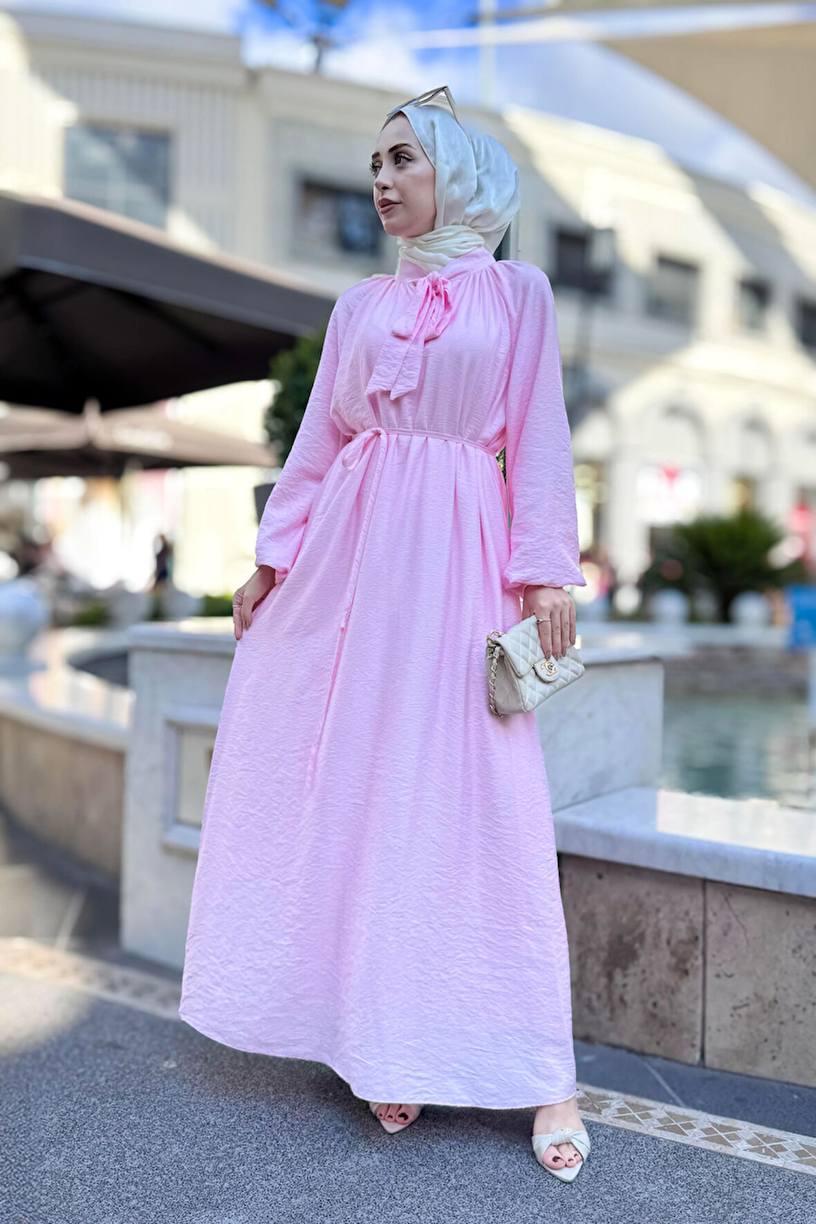 Yakası Bağcıklı Lara Elbise-Pembe