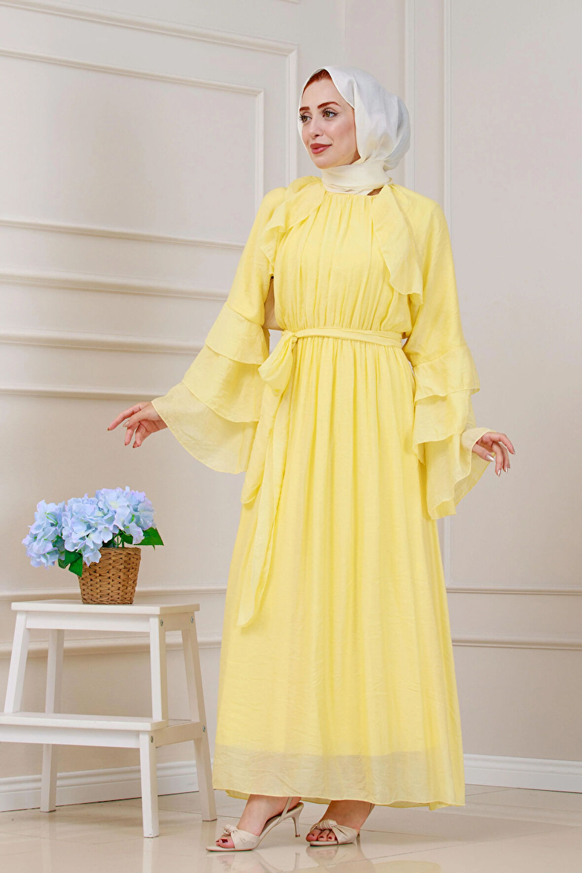 Fırfır Detaylı Lora Elbise-Sarı