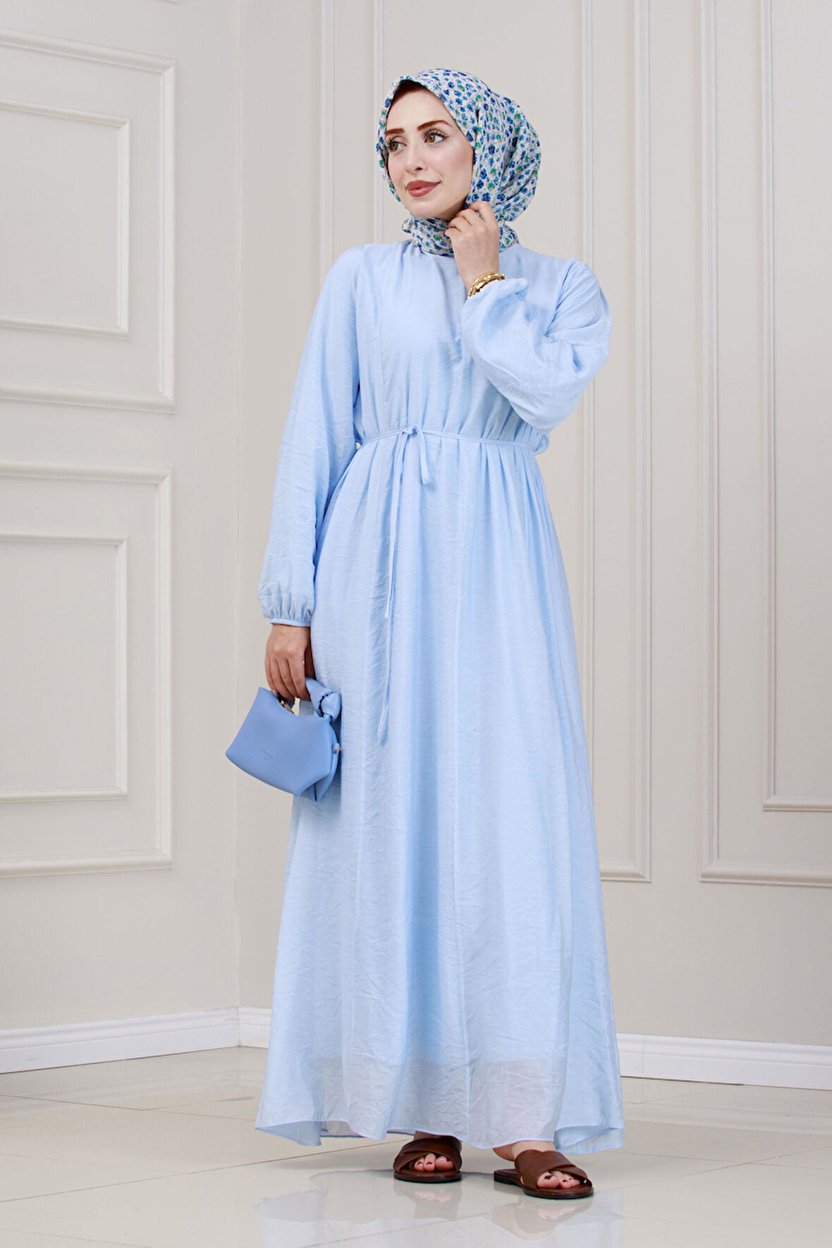 Beli Bağcıklı Pera Elbise-Mavi