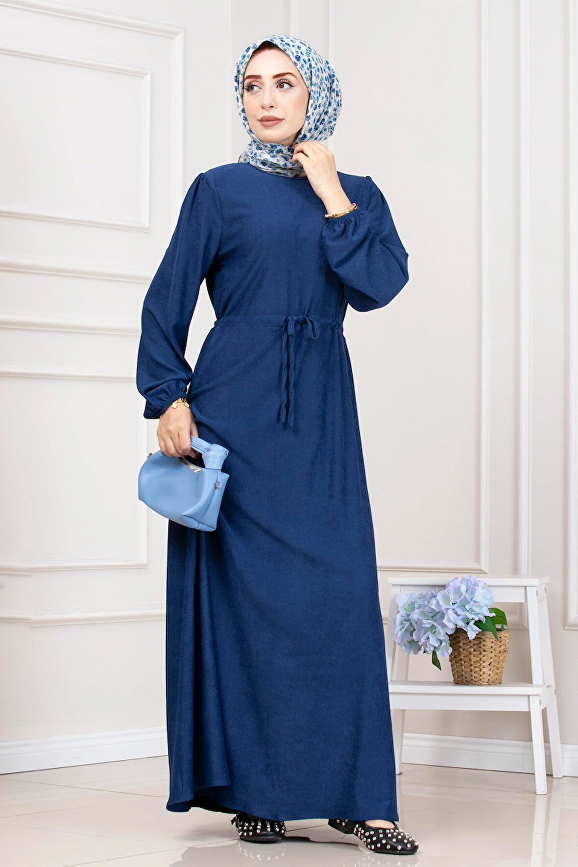 Beli Tünelli Fitilli Aslı Elbise-Saks Mavi