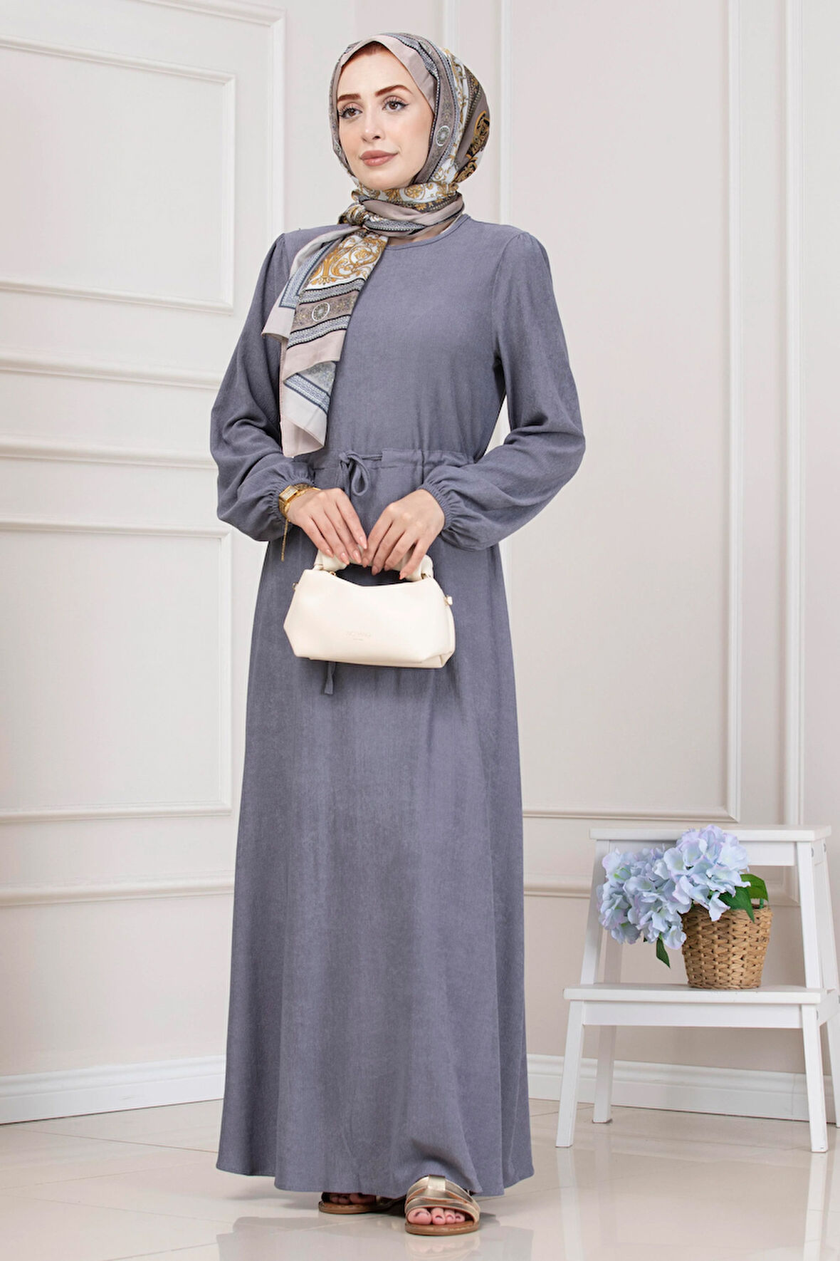 Beli Tünelli Fitilli Aslı Elbise-Gri