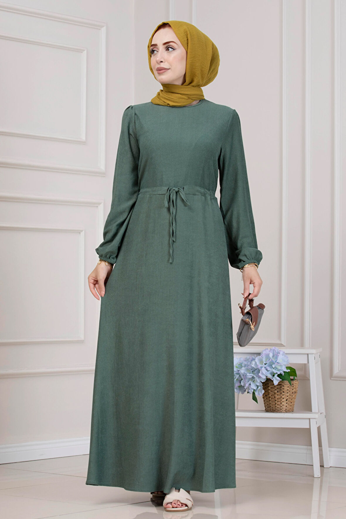 Beli Tünelli Fitilli Aslı Elbise-Yeşil