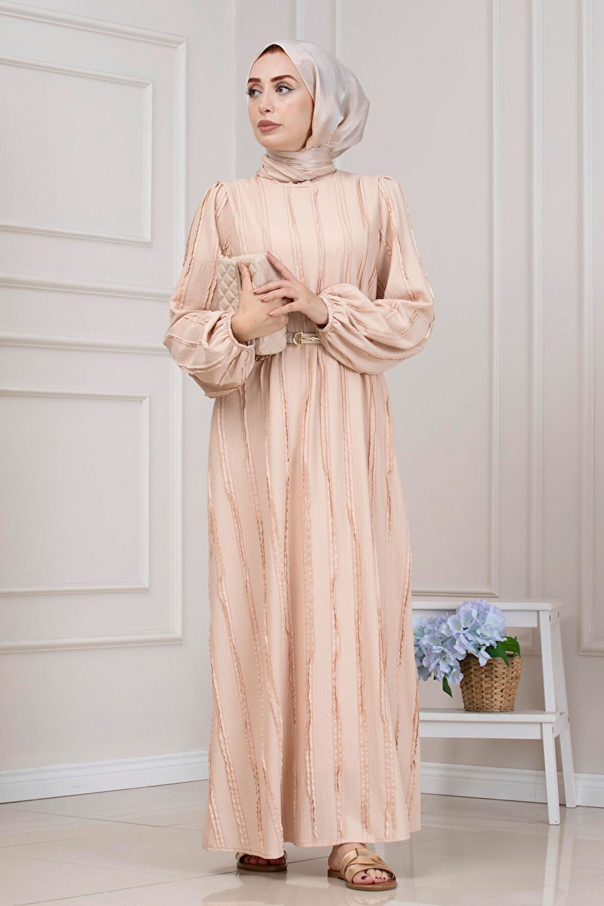 Fırfır Detaylı Rüya Elbise-BEJ