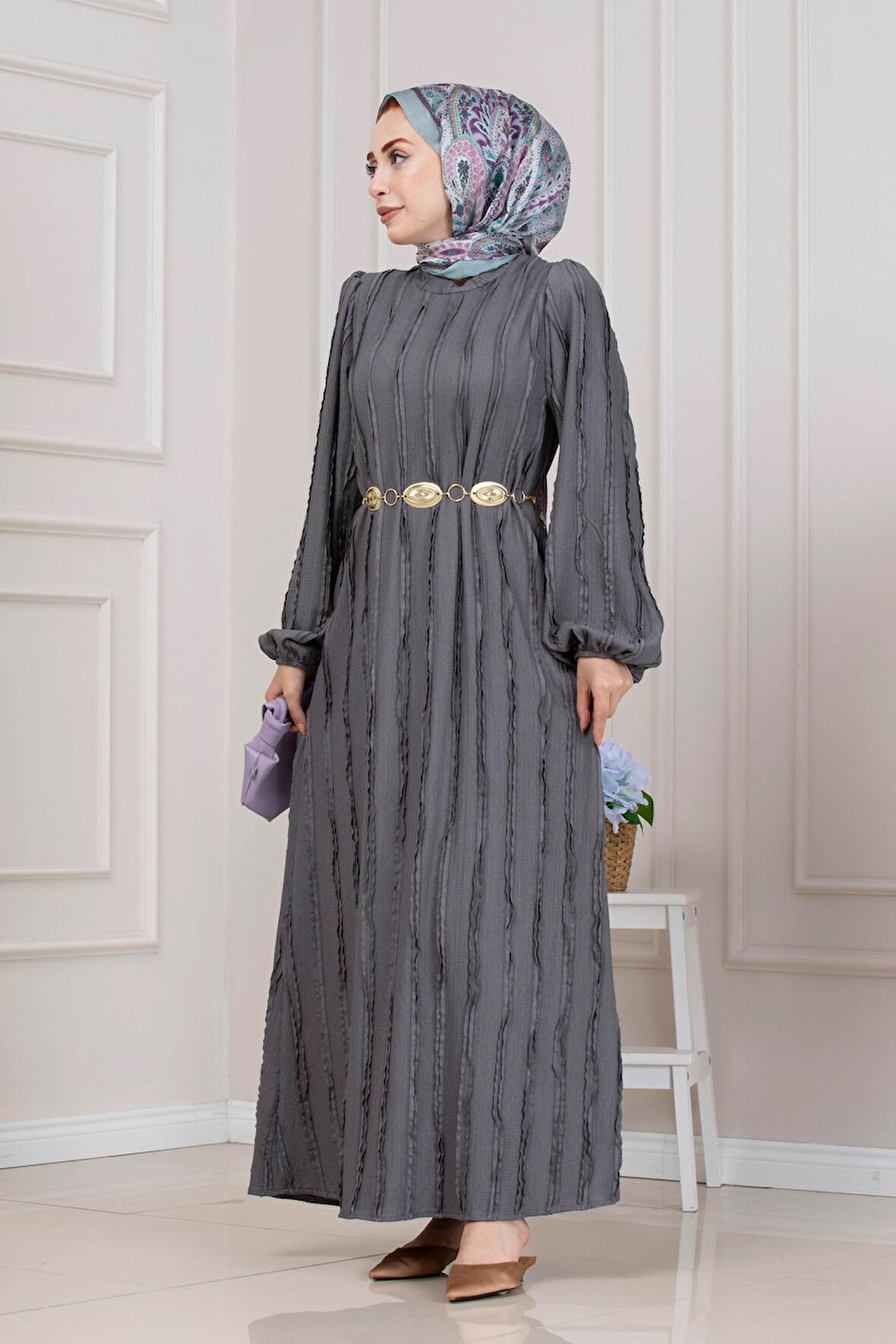 Fırfır Detaylı Rüya Elbise-GRİ