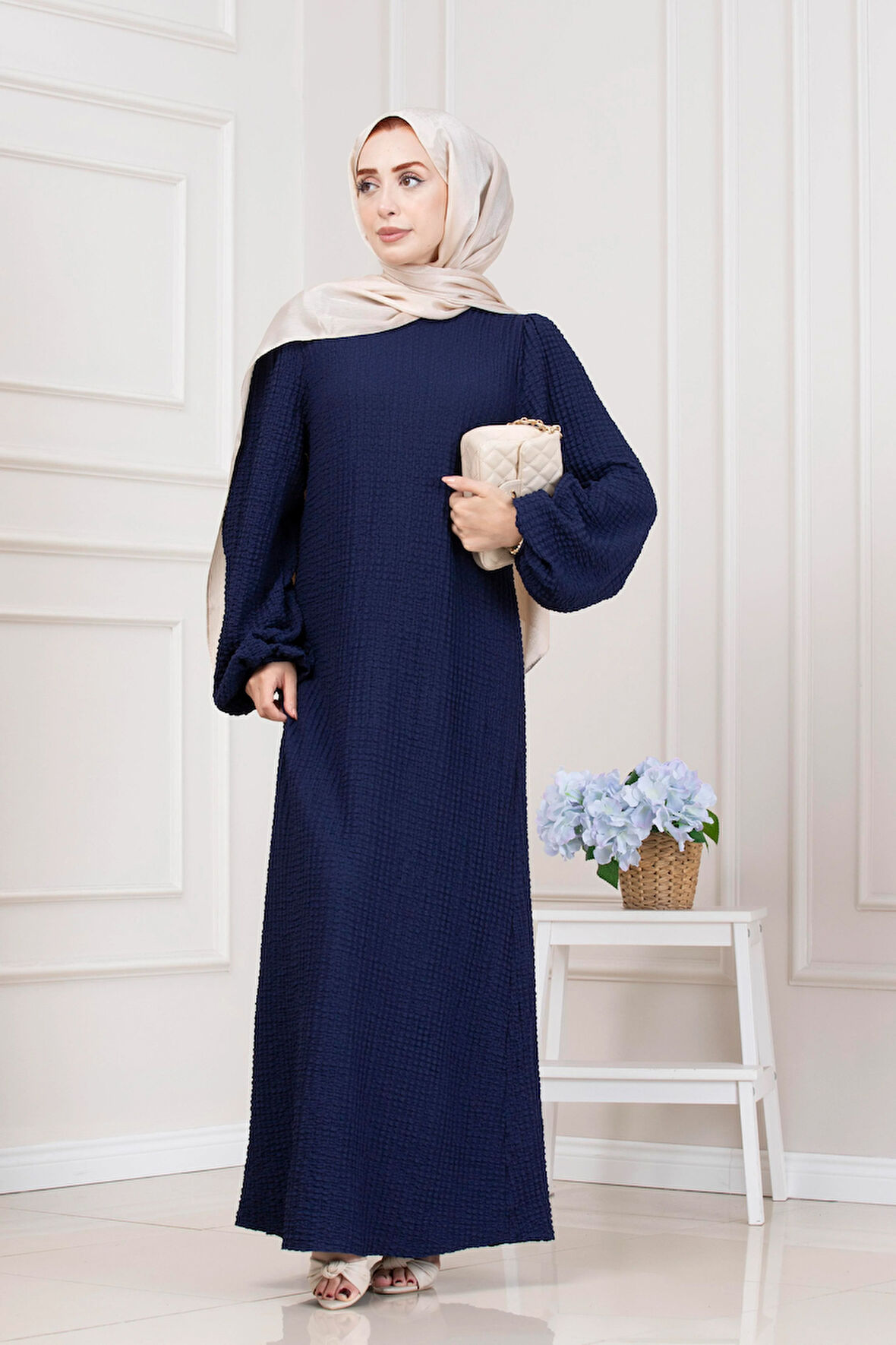 Yuvarlak Yaka Yağmur Elbise-Lacivert