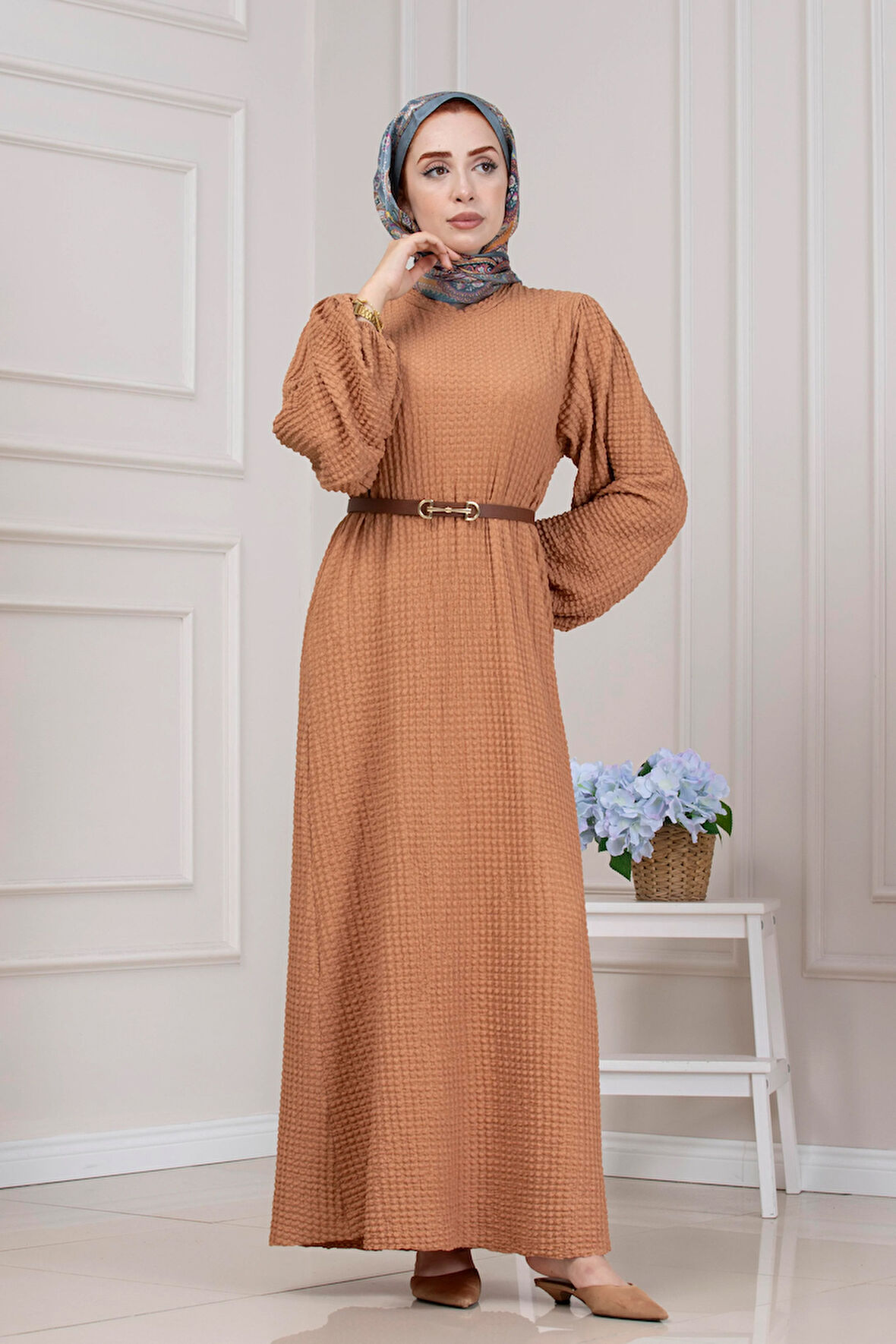 Yuvarlak Yaka Yağmur Elbise-Sütlü Kahve