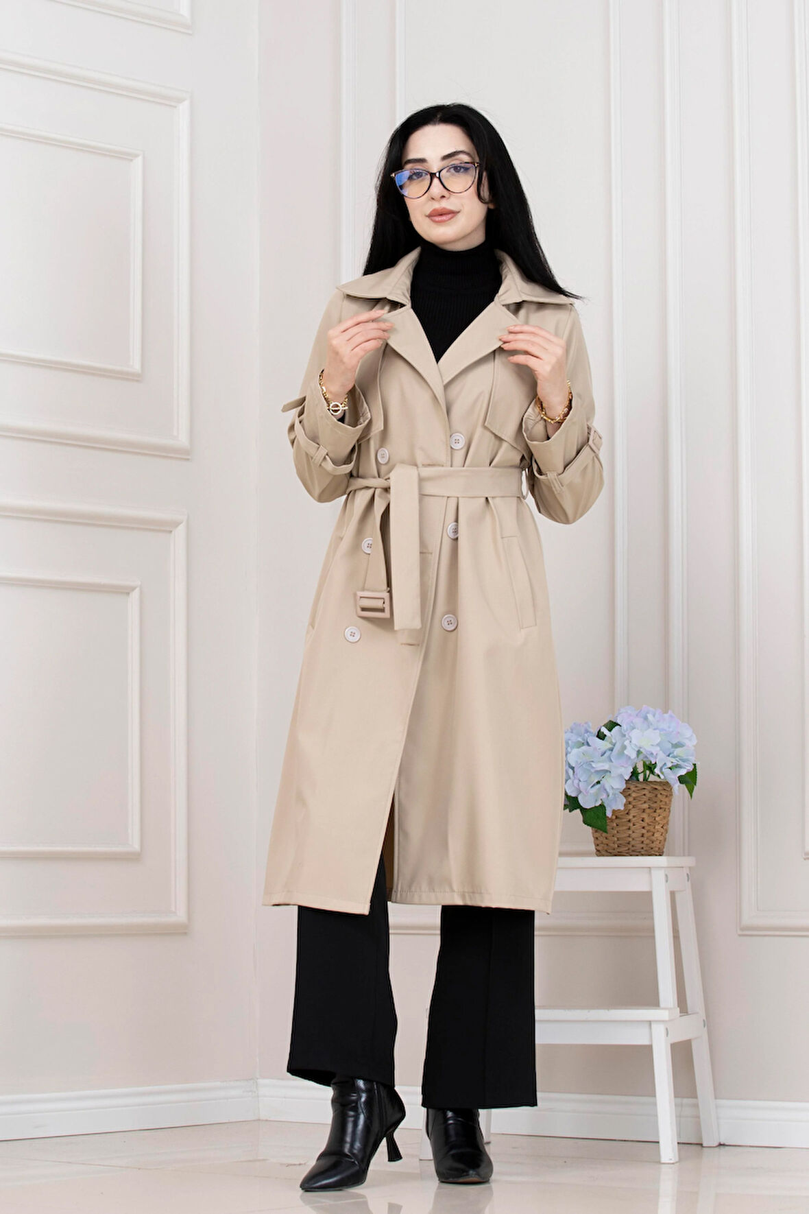 Kolu Kemer Detaylı Trençkot-BEJ