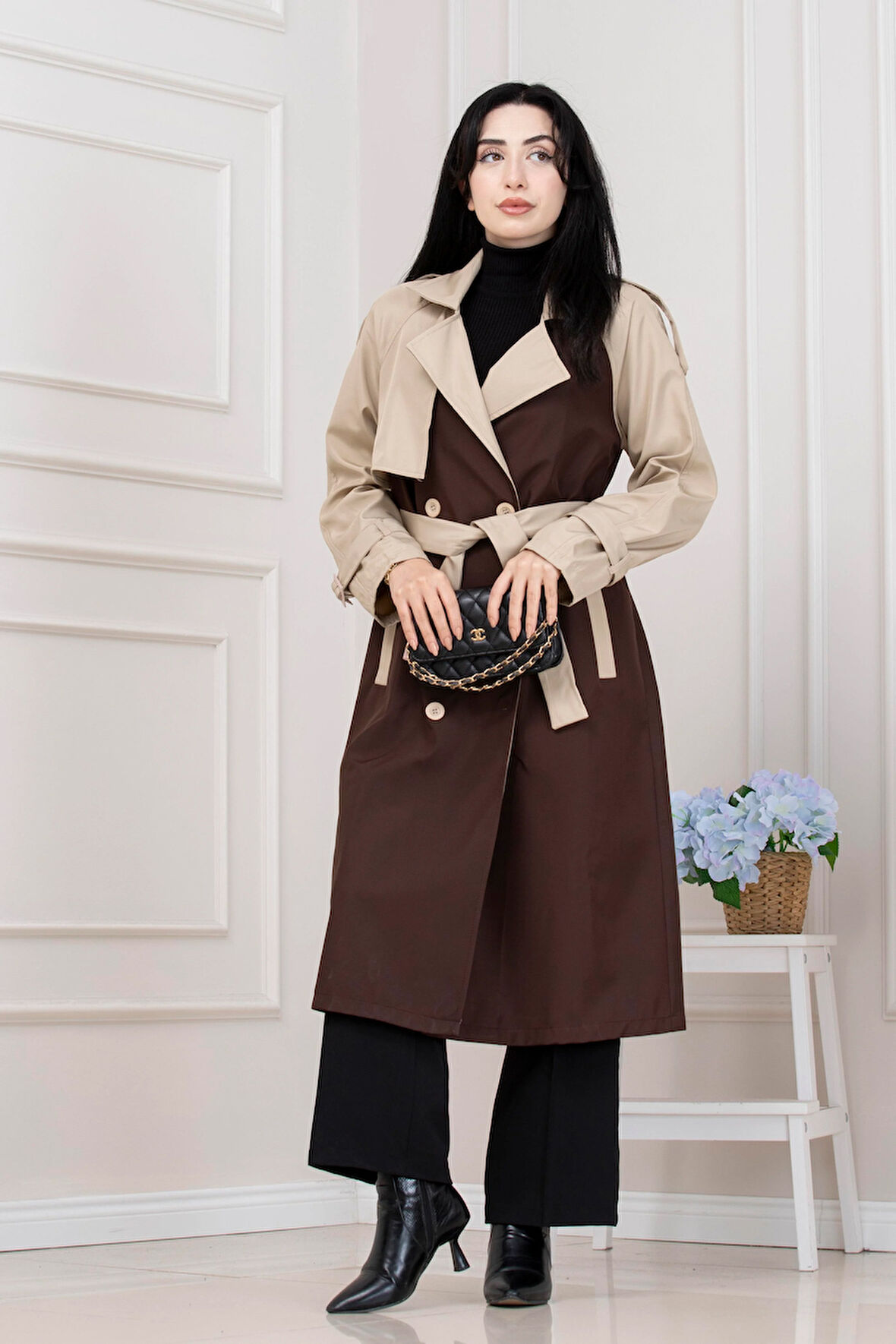 İki Renk Cepken Detaylı Trençkot-Kahverengi