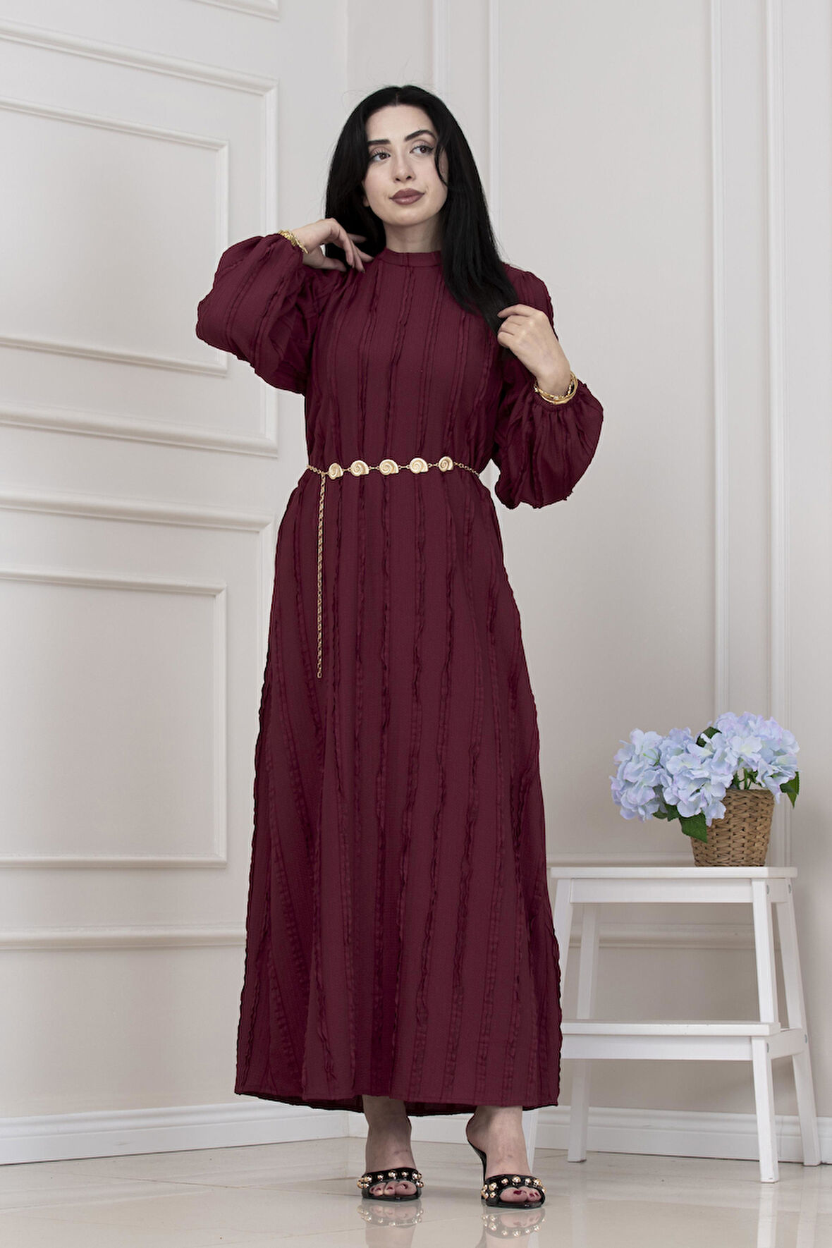 Fırfır Detaylı Rüya Elbise-BORDO