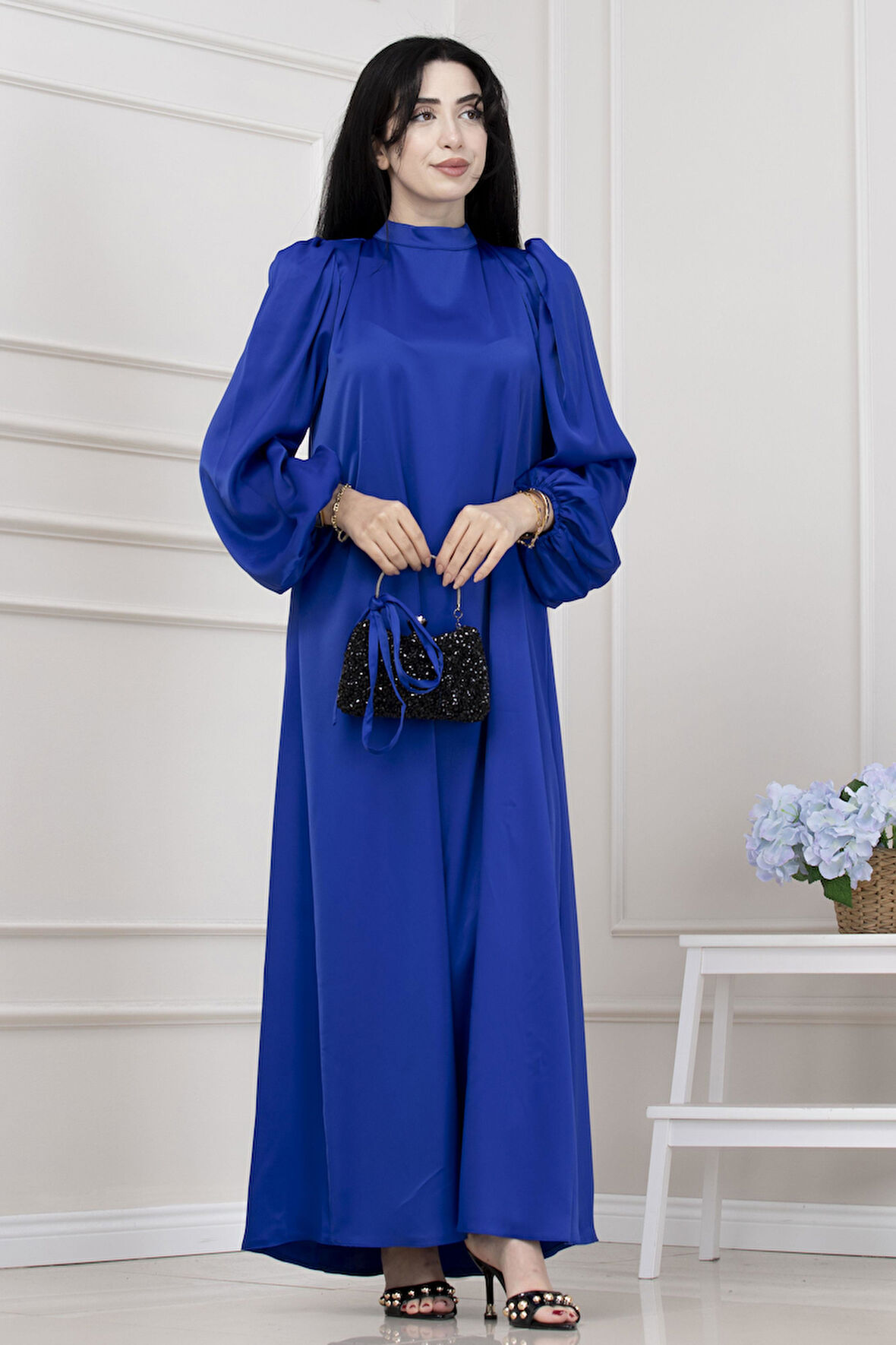 Beli Bağcıklı Balon Kol Abiye-SAKS