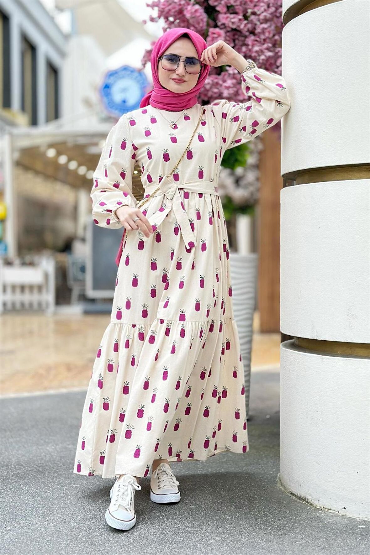 Keten Kumaş Ananas Desenli Uzun Elbise-Lila