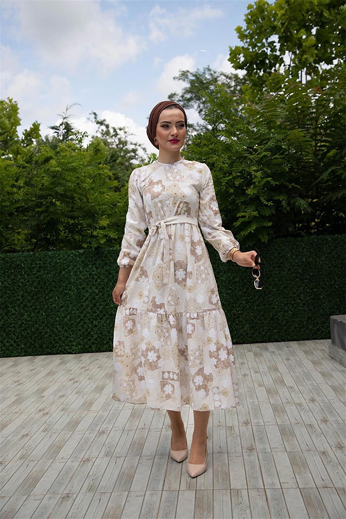 Çiçek Kabartma Desenli Keten Elbise-Vizon