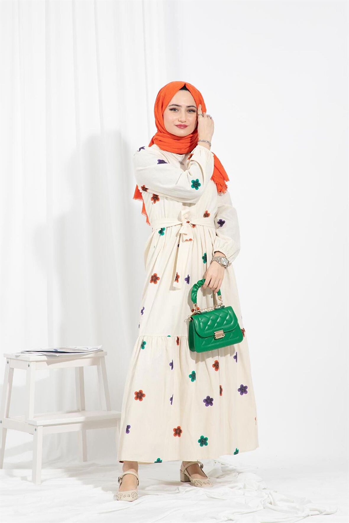 Çiçek Desenli Elbise-Mor