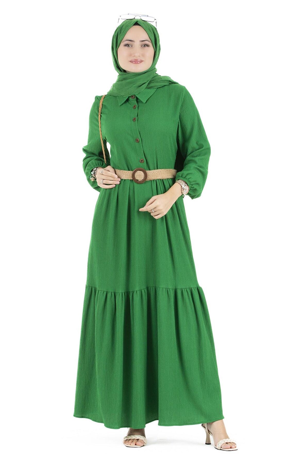Hasır Kemerli Elbise-Benetton Yeşili
