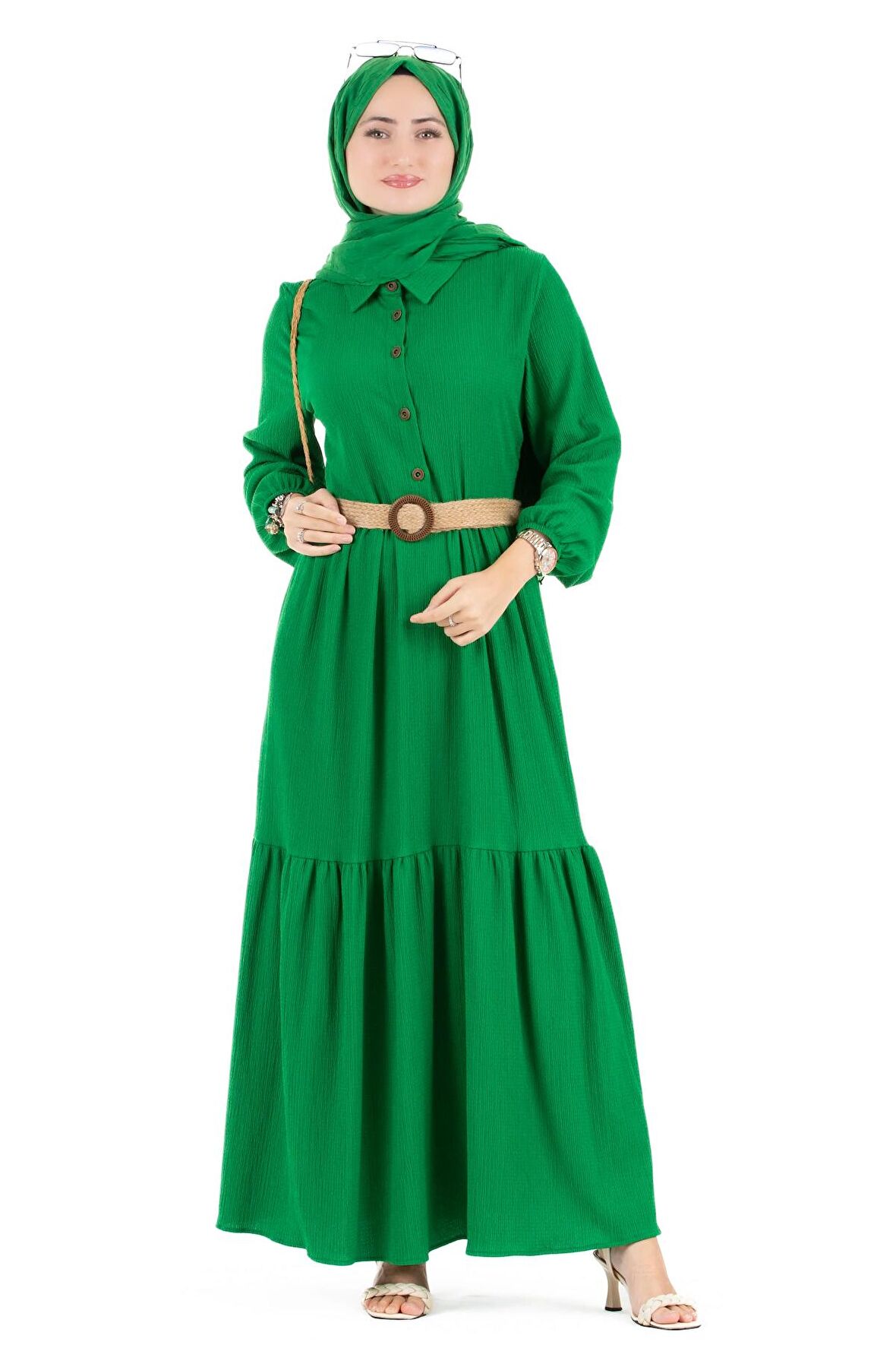 Hasır Kemerli Elbise-Benetton Yeşili