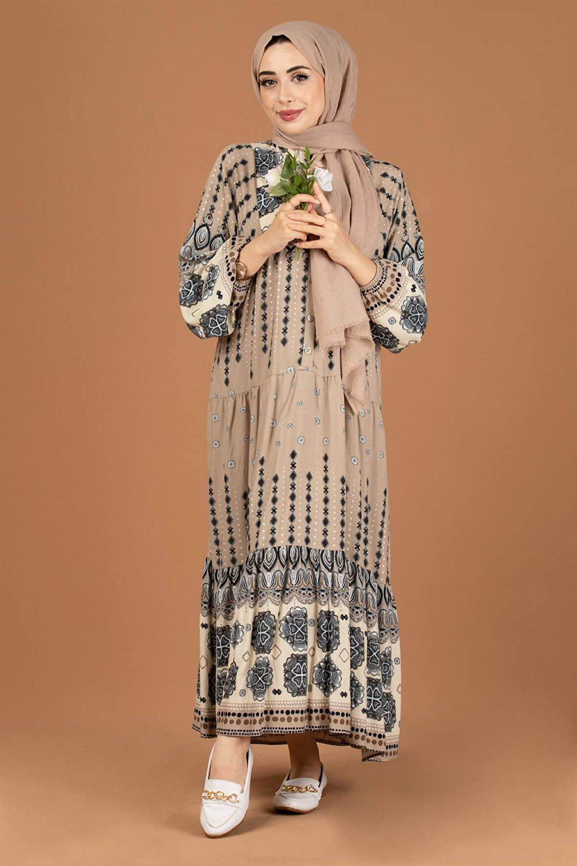 Karışık Desenli Viscon Elbise-Vizon