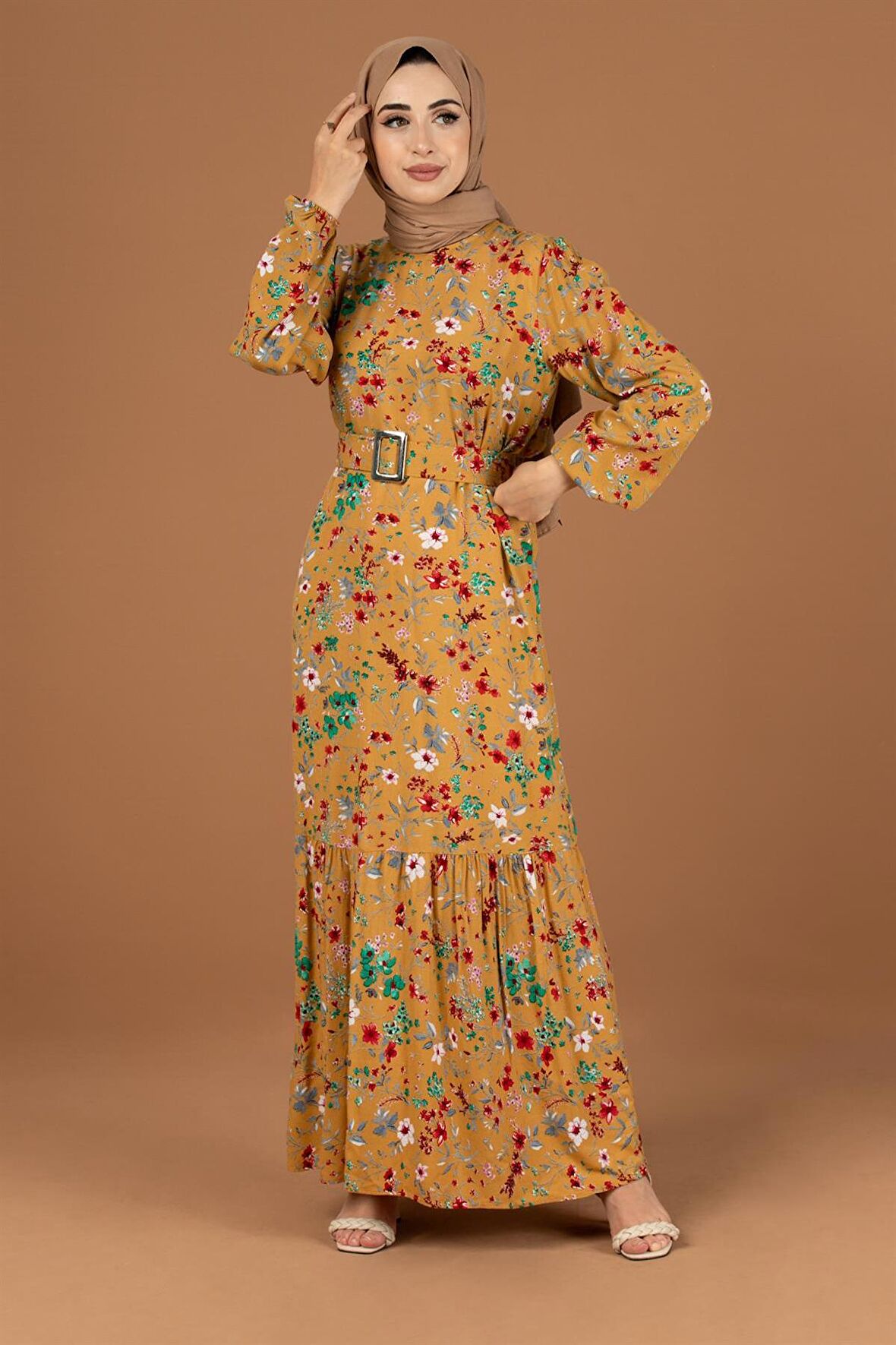 Çiçekli Kaplama Kemerli Viscon Elbise-Hardal