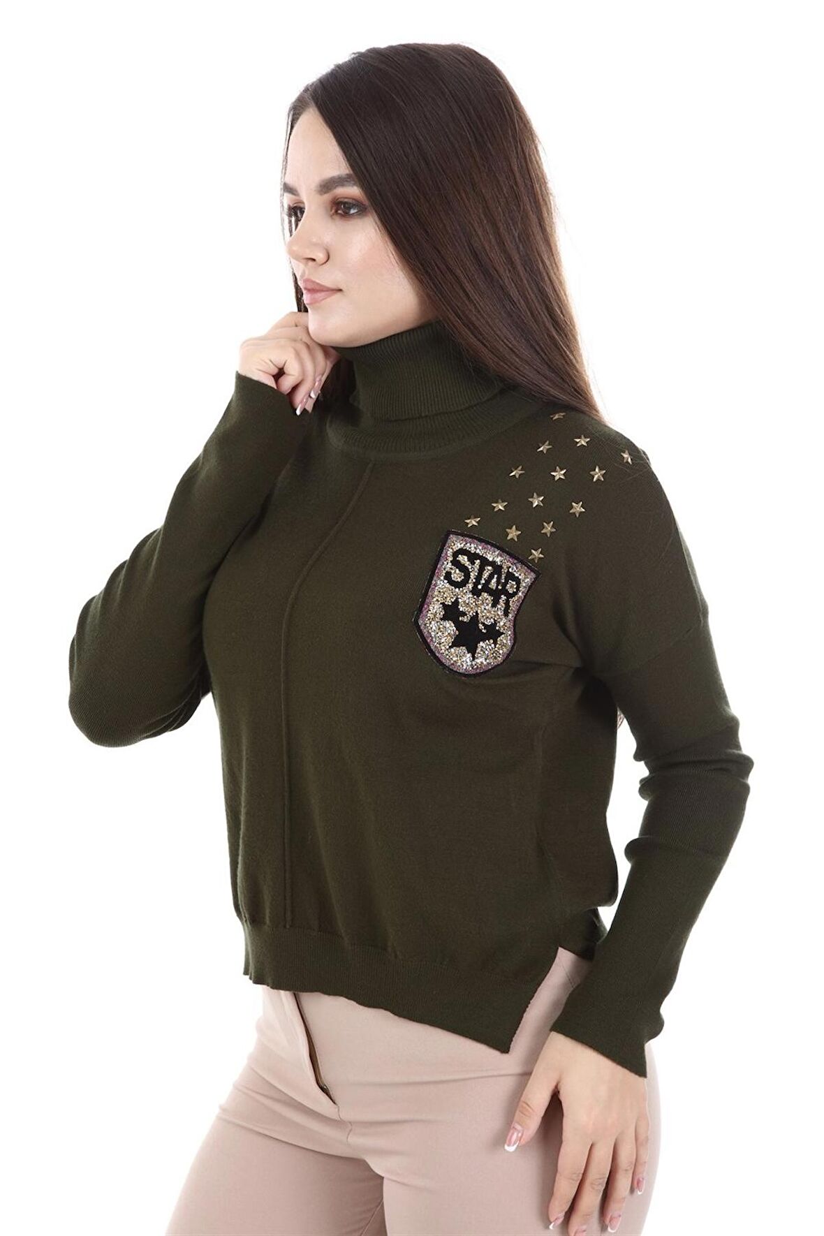 FTZ Women Kadın Zımba Taş Detay Triko Haki