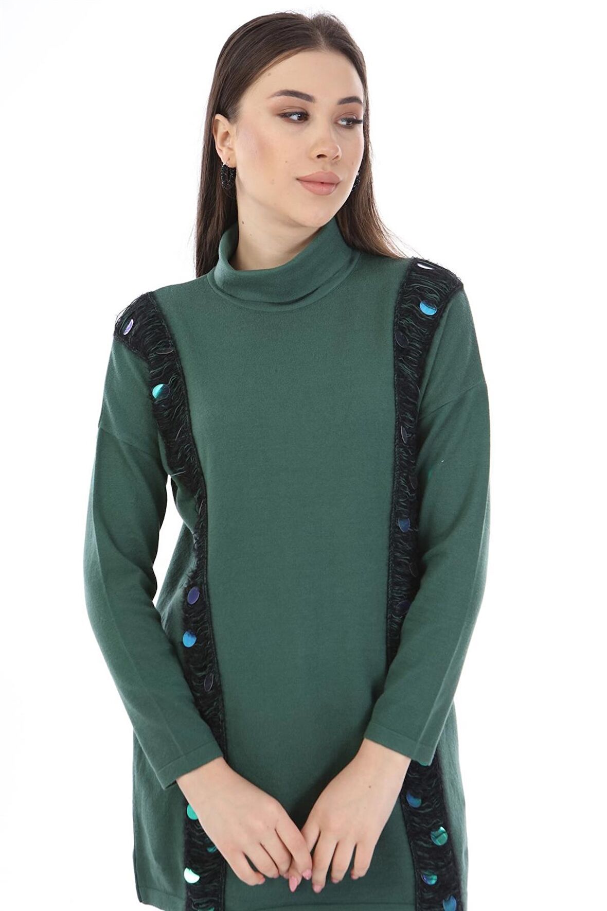 FTZ Women Kadın Pul Payet Şerit Detay Triko Zümrüt