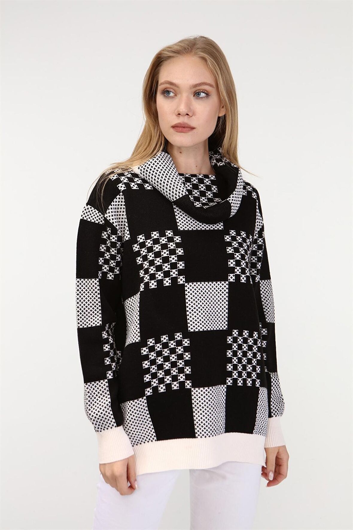 FTZ Women Kadın Desenli Triko Kazak Ekru 21-6021