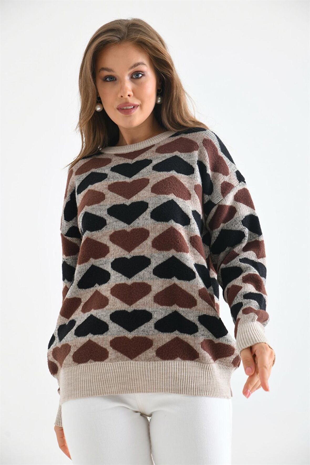 Ftz Women Kadın Kalp Desenli Bluz Taş