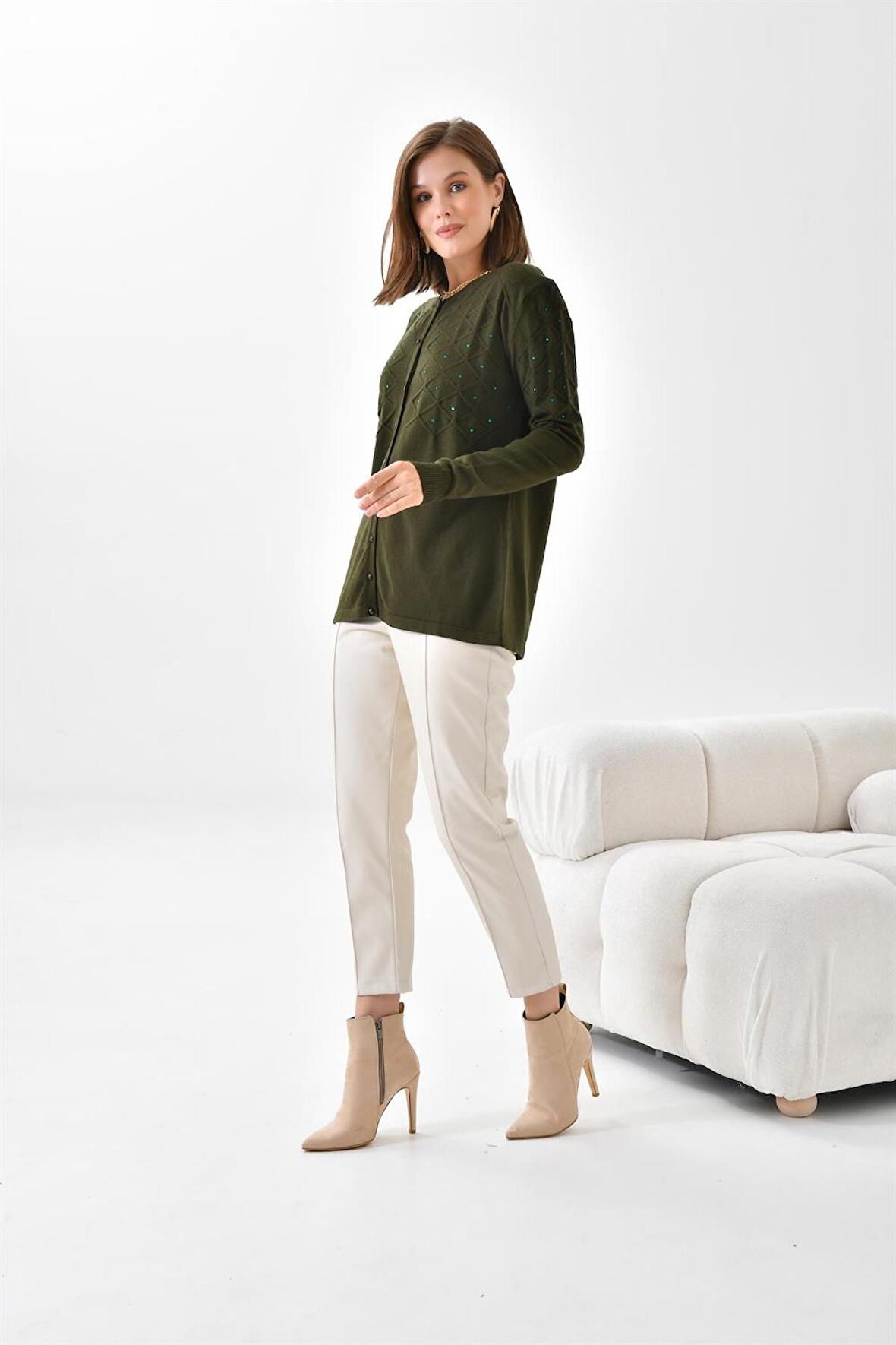 Ftz Women Kadın İnci Detaylı Hırka Haki 20048