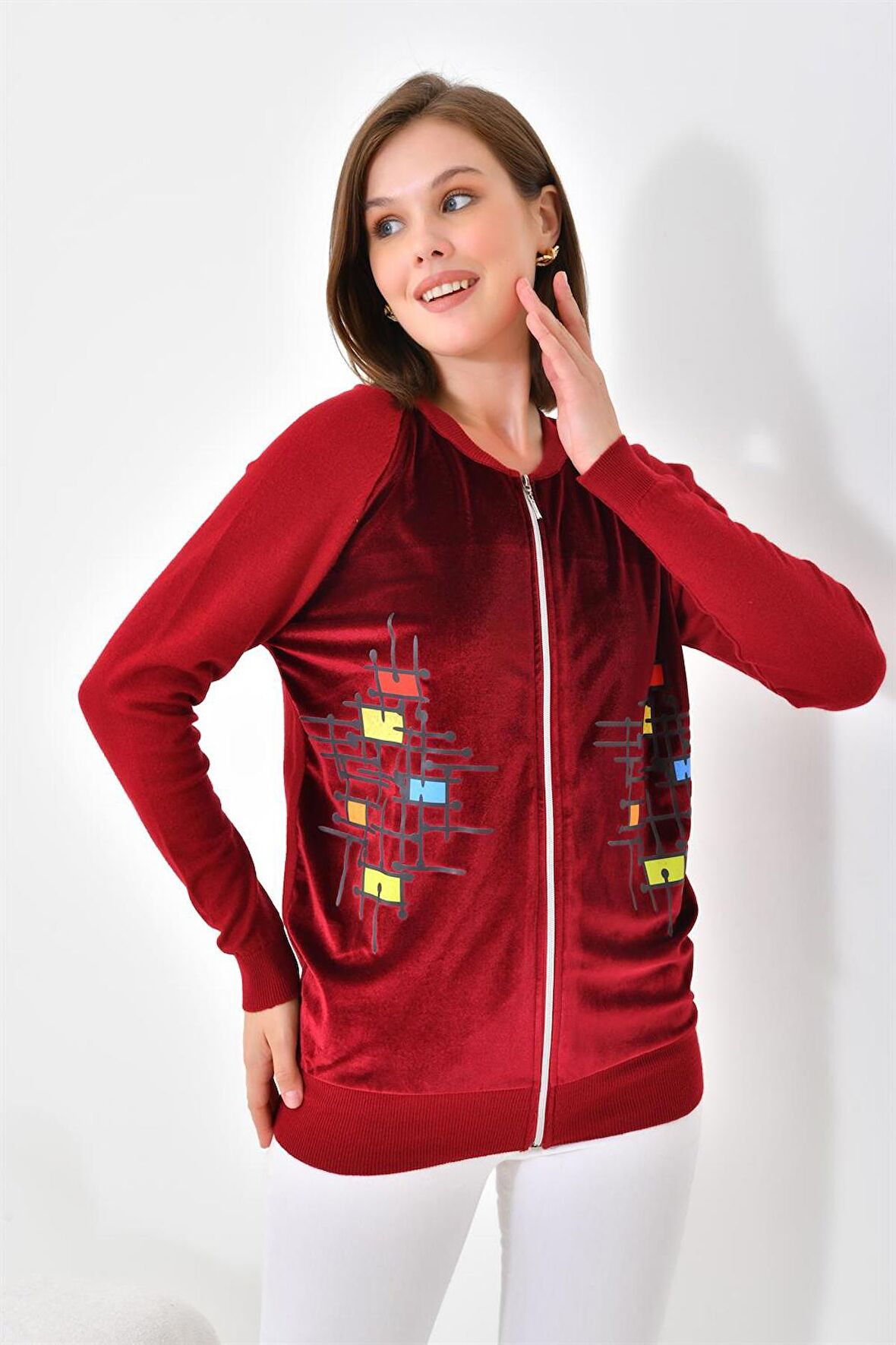 Ftz Women Kadın Kadife Detaylı Fermuarlı Hırka Bordo 20485