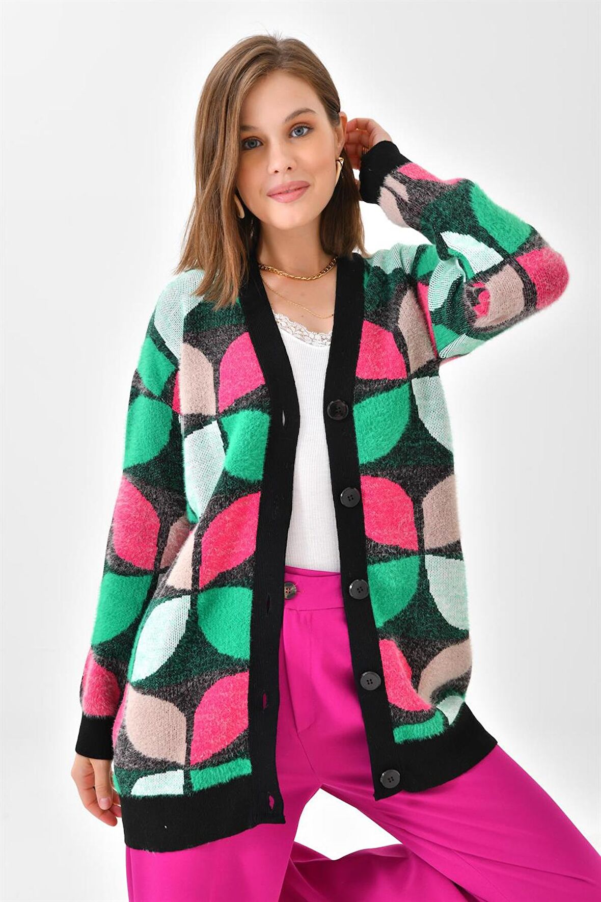 Ftz Women Kadın Yaprak Desenli Düğmeli Hırka Siyah 20497