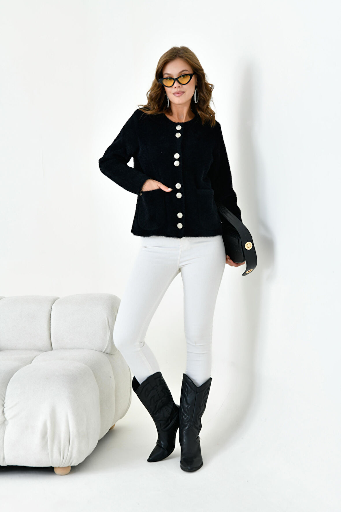 Ftz Kadın Düğme Detaylı Sakal Hırka Siyah 20843