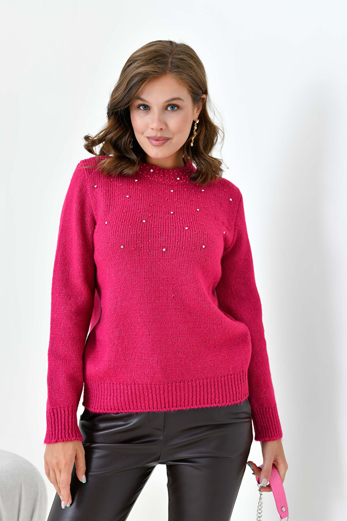 Ftz Kadın Boncuk İşlemeli Kazak Fuşya 20741