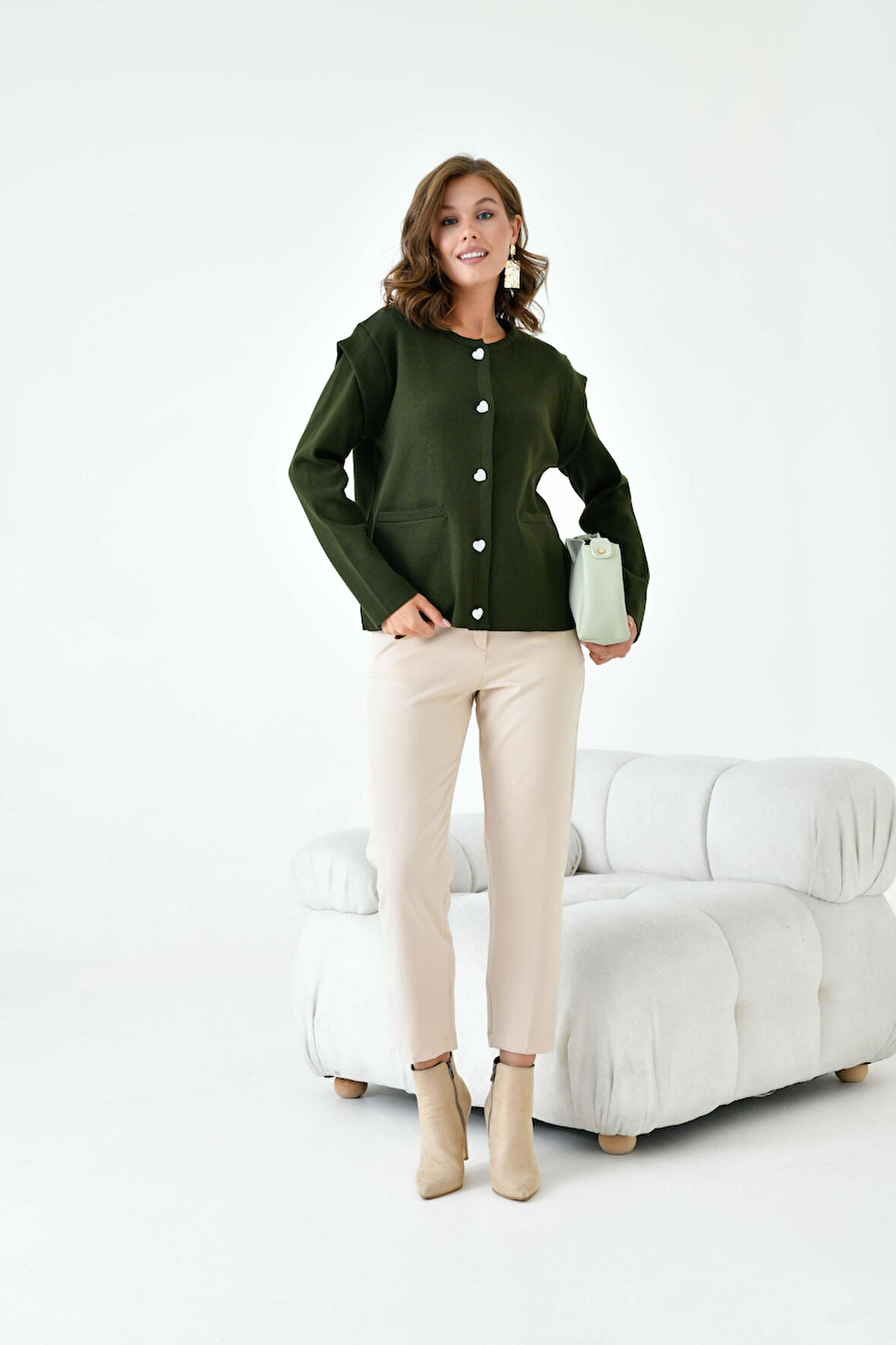 Ftz Kadın Kol Detaylı Hırka Haki 20807