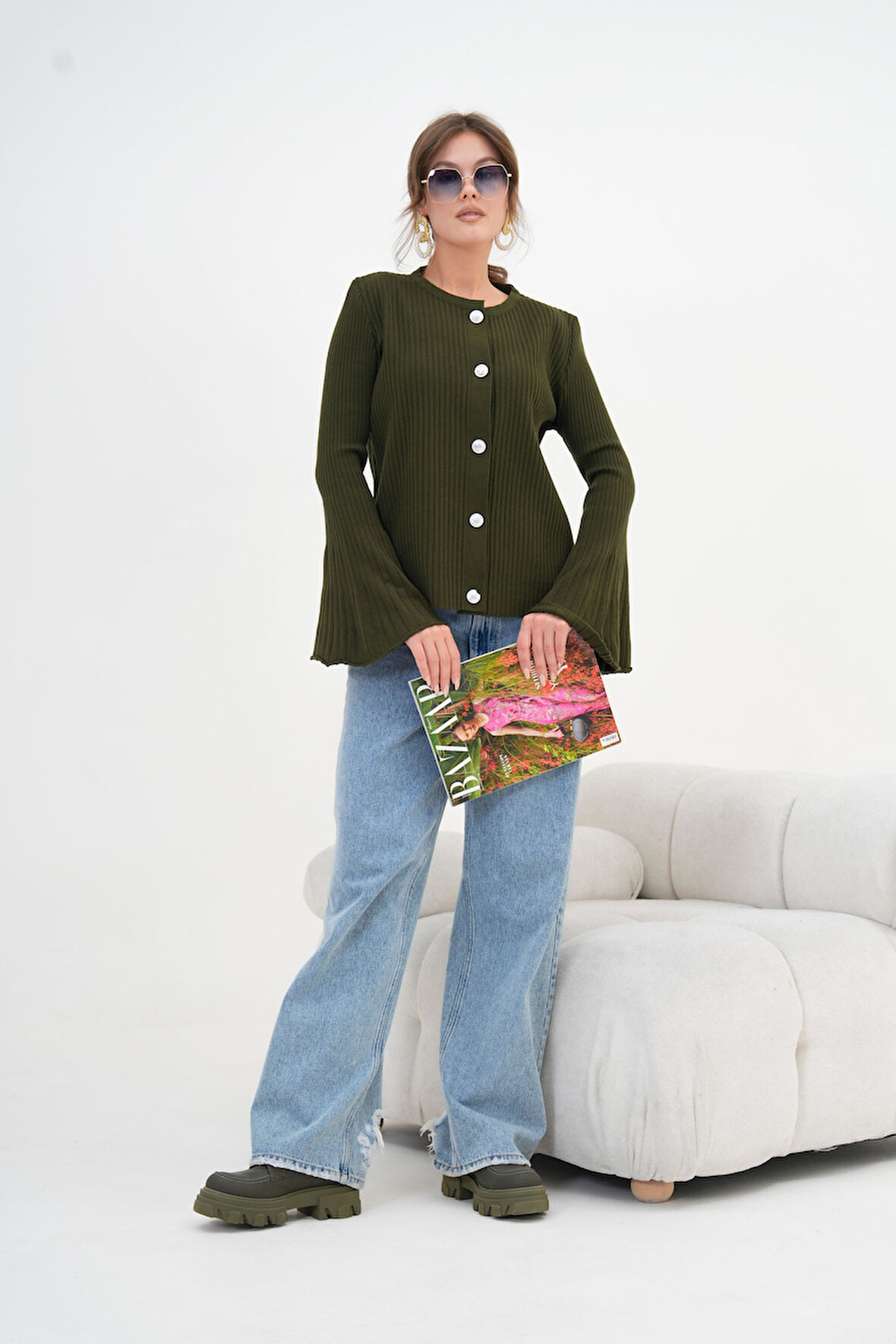 Ftz Kadın Volan Kol Detaylı Hırka Haki 20898