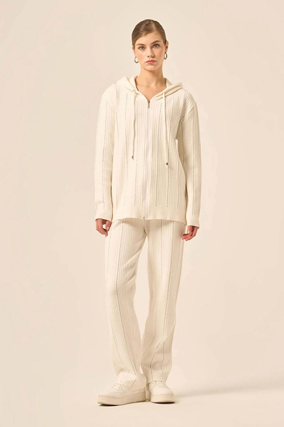 FTZ Women Kadın Kapşonlu Taş Detaylı İkili Takım  Ekru 20799