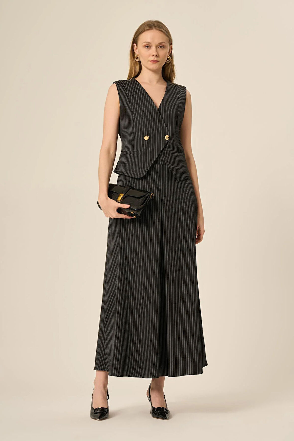 FTZ Women Kadın Yelek Etek Çizgili Takım  Siyah 31147