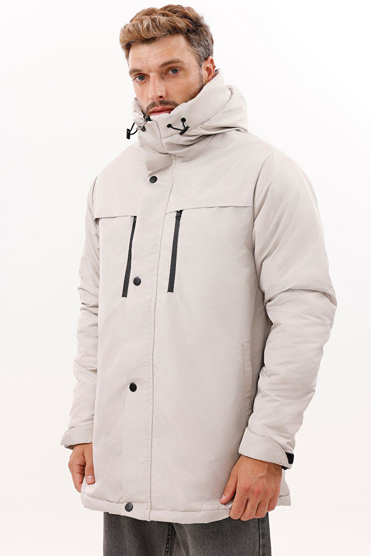 Erkek Polarlı Kürklü Su Ve Rüzgar Geçirmez Kapüşonlu Kışlık Mont & Kaban & Parka