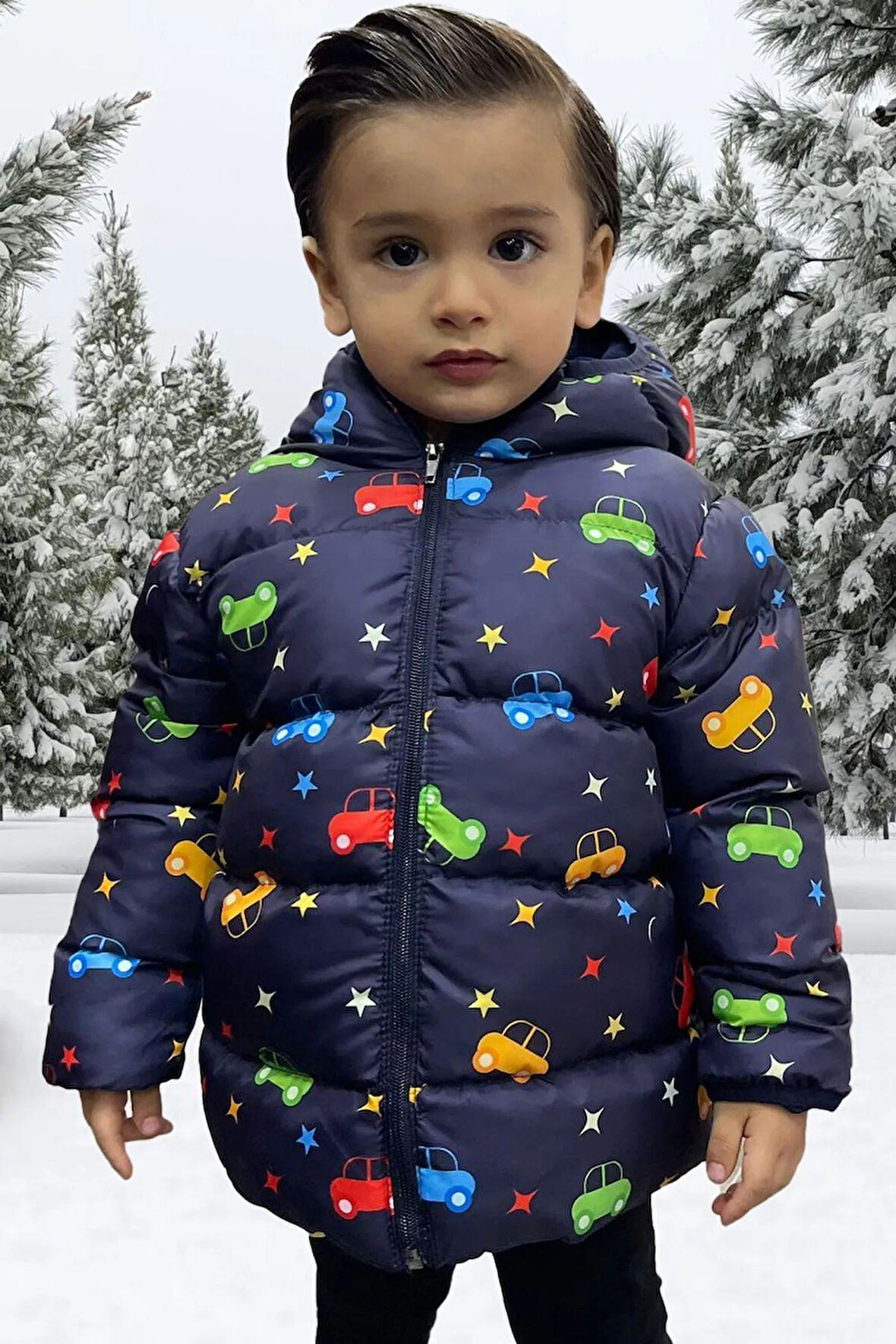 Erkek Çocuk Polarlı Kapüşonlu Araba Yıldız Ay Desenli Kışlık Şişme Mont & Kaban & Parka