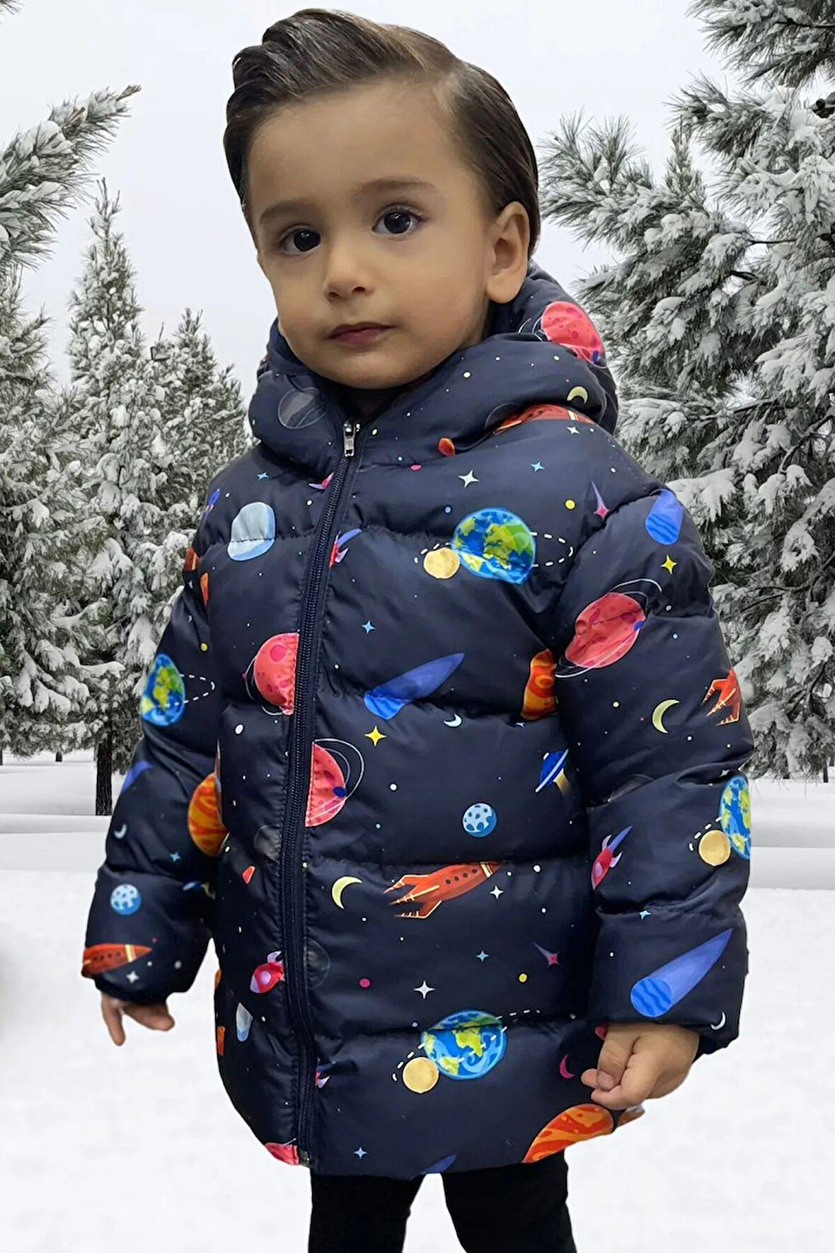 Erkek Çocuk Polarlı Kapüşonlu Gezegen Yıldız Desenli Kışlık Şişme Mont & Kaban & Parka