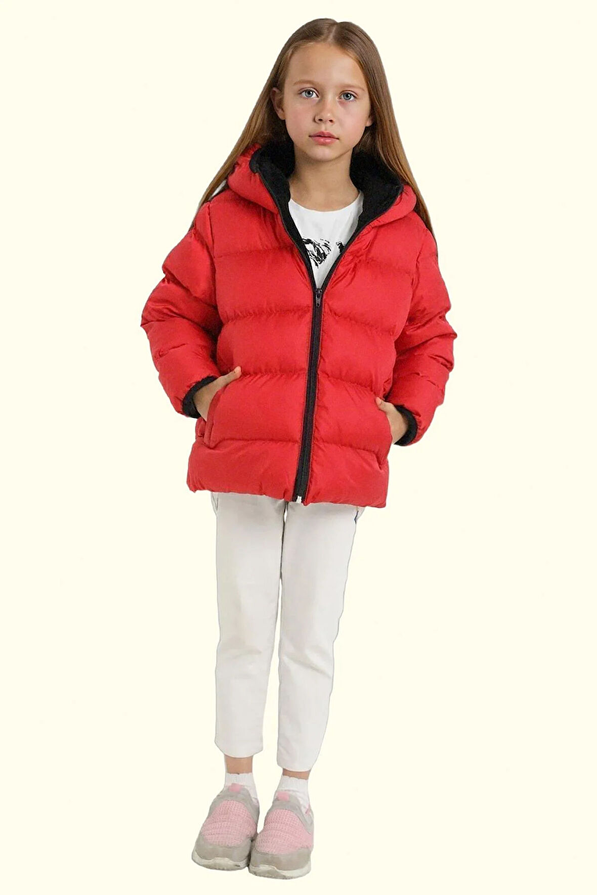 Kız Çocuk Polarlı Kürklü Kapüşonlu Su Geçirmez Rüzgara Dayanıklı Şişme Kışlık Mont