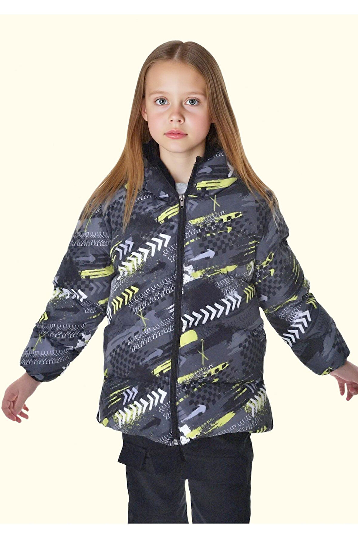 Kız Çocuk Dijital Desen Polar Su Ve Rüzgar Geçirmez Kapüşonlu Şişme Kışlık Mont