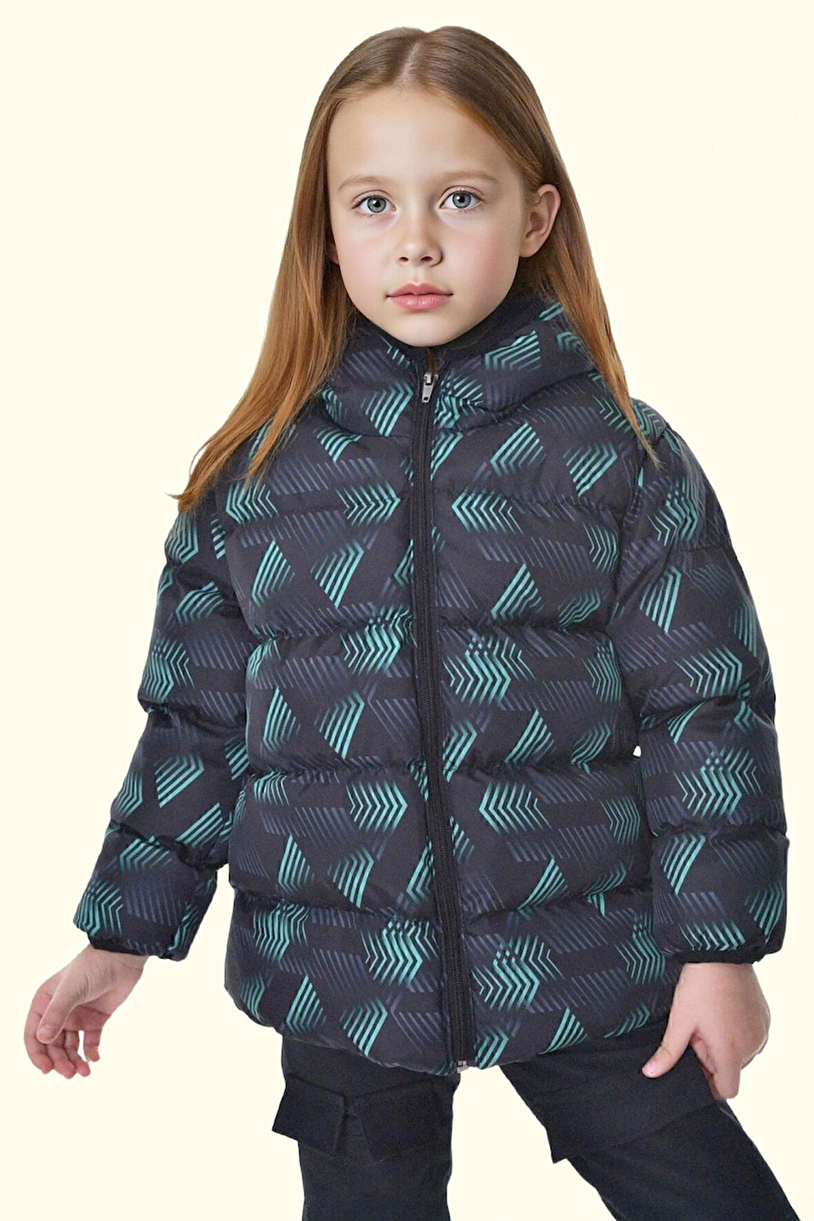 Kız Çocuk Dijital Desen Polar Su Ve Rüzgar Geçirmez Kapüşonlu Şişme Kışlık Mont