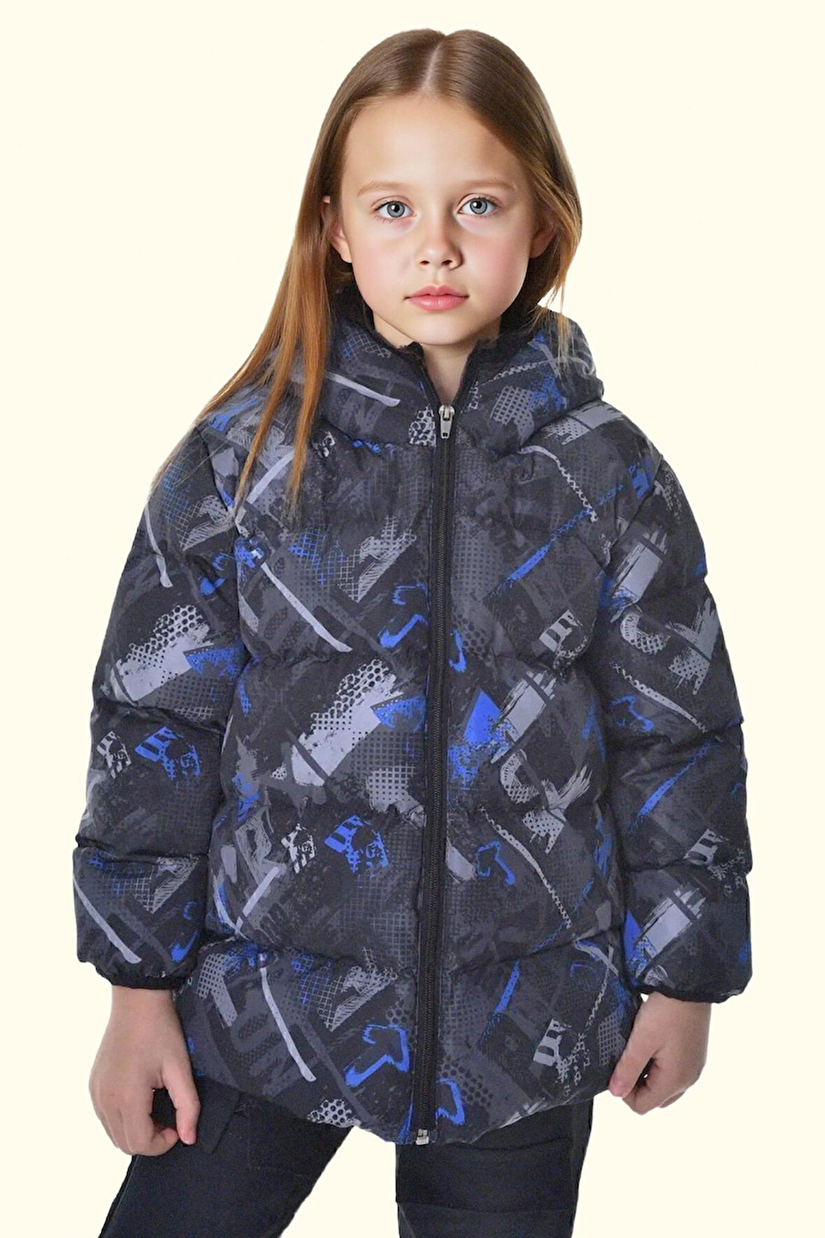 Kız Çocuk Dijital Desen Polar Su Ve Rüzgar Geçirmez Kapüşonlu Şişme Kışlık Mont