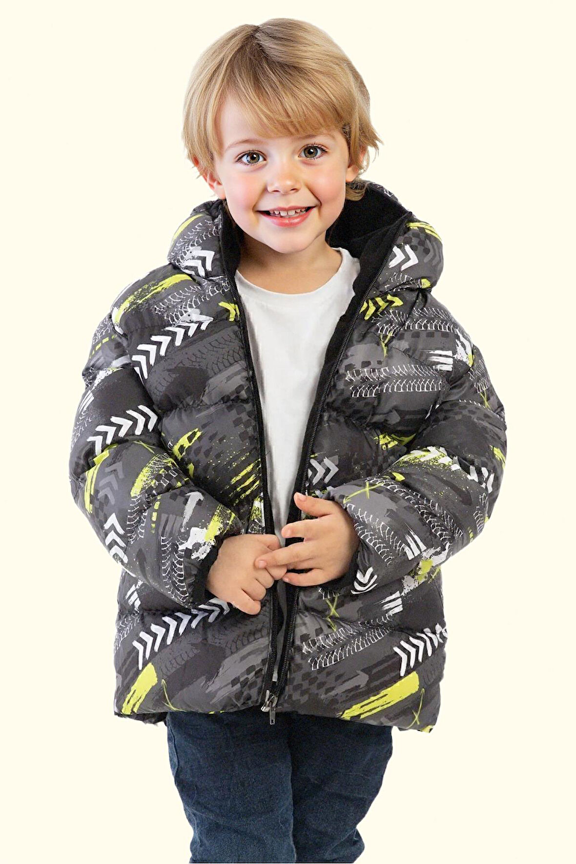 Erkek Çocuk Dijital Desen Polar Su Ve Rüzgar Geçirmez Kapüşonlu Şişme Kışlık Mont