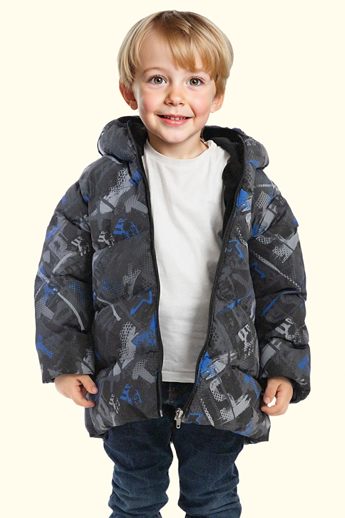 Erkek Çocuk Dijital Desen Polar Su Ve Rüzgar Geçirmez Kapüşonlu Şişme Kışlık Mont