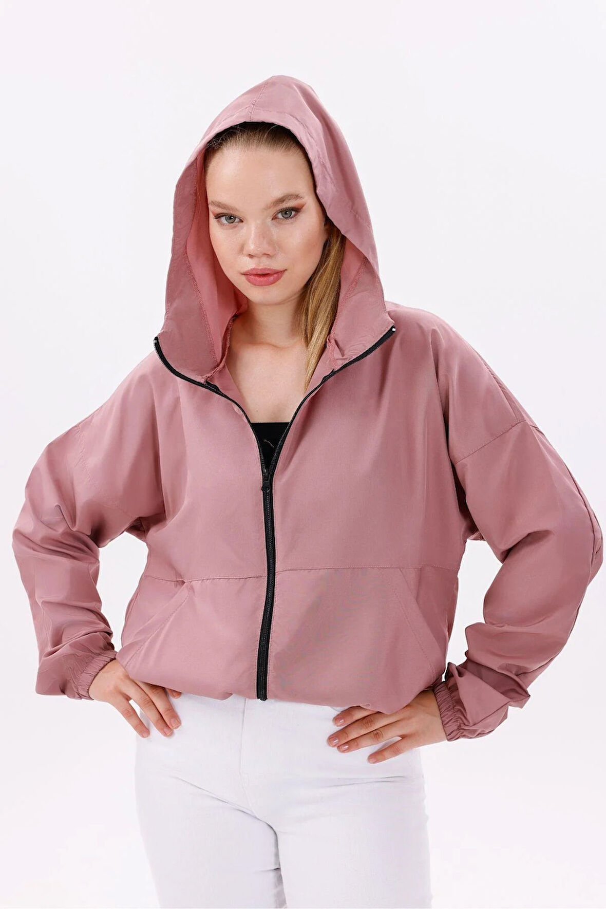 Kadın Kapüşonlu Su Ve Rüzgar Geçirmez Oversize Yağmurluk - Rüzgarlık