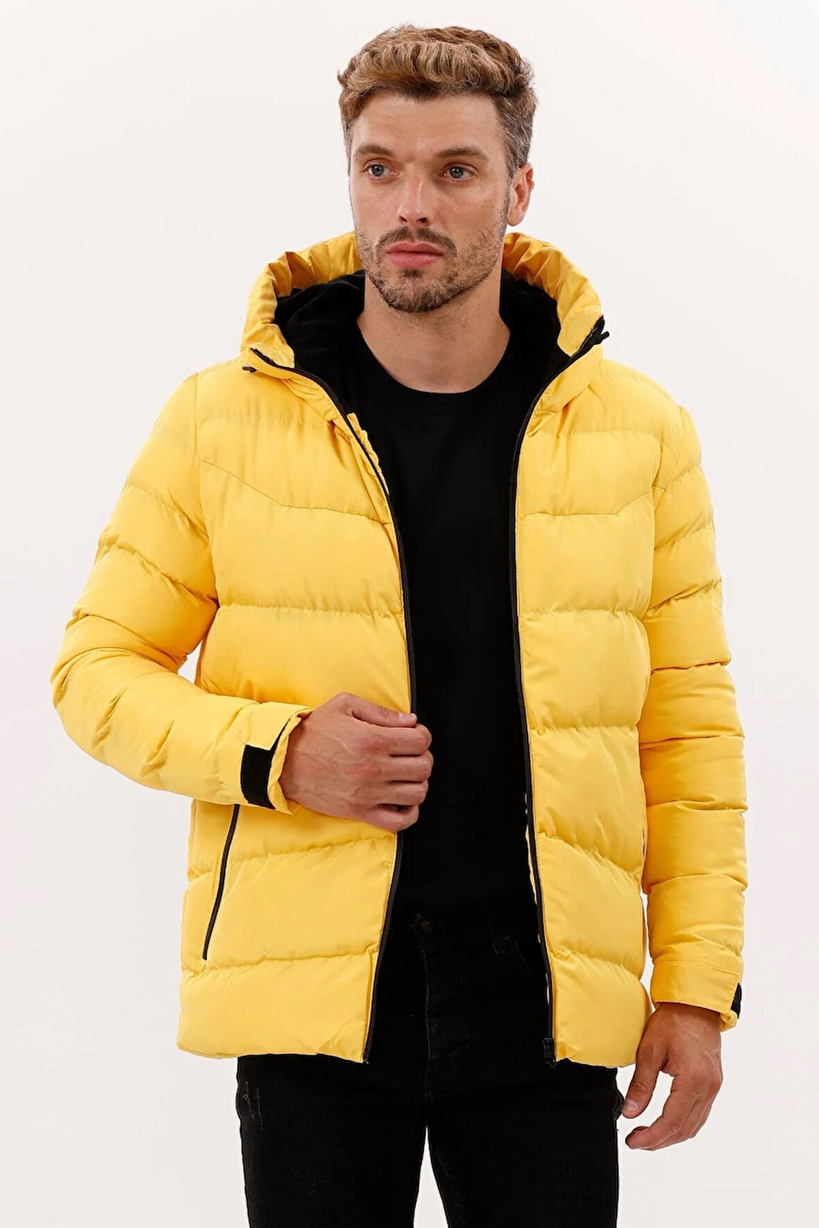 Erkek Kapüşonlu Polarlı Kürklü Su Geçirmez Rüzgara Dayanıklı Şişme Mont Kaban Parka