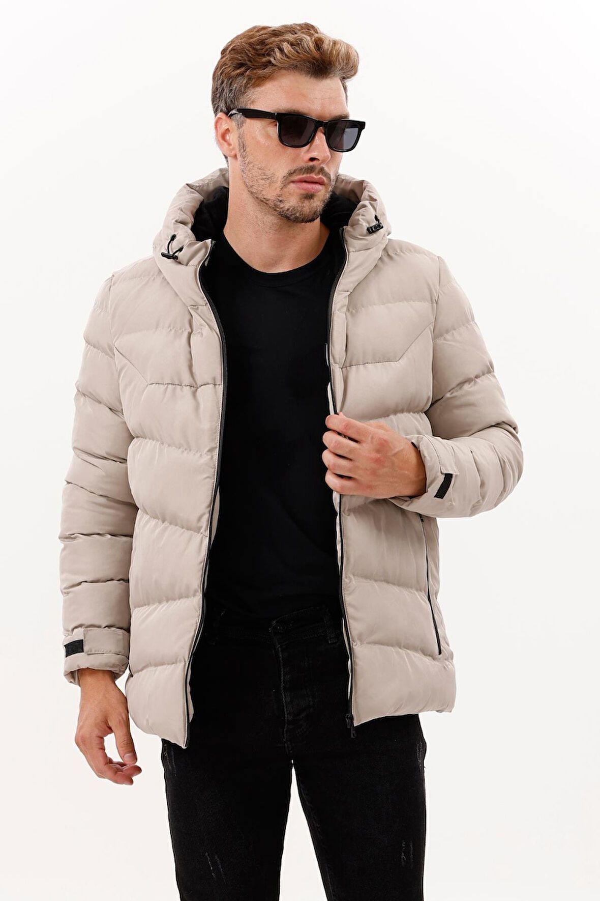 Erkek Kapüşonlu Polarlı Kürklü Su Geçirmez Rüzgara Dayanıklı Şişme Mont Kaban Parka