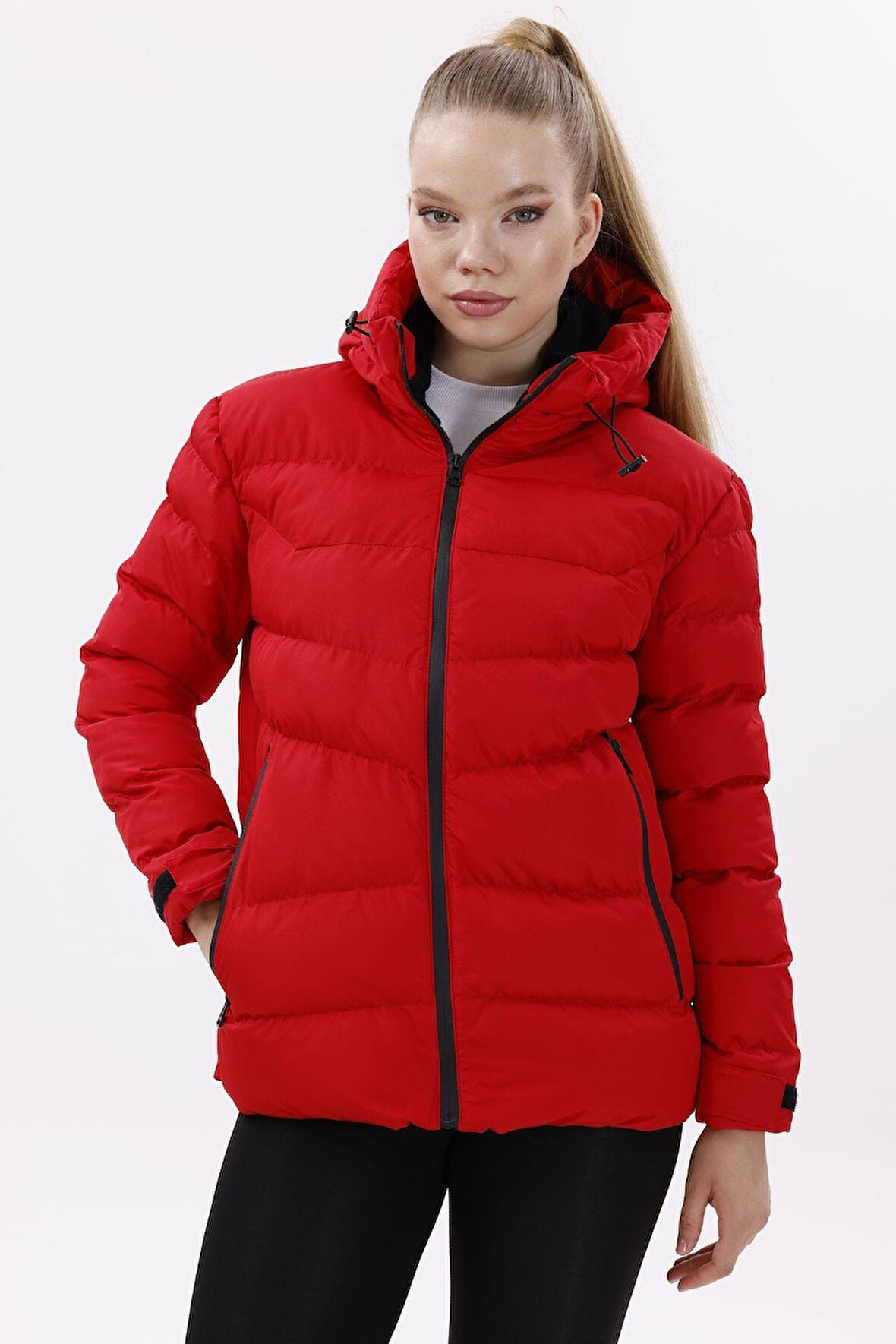 Kadın Kapüşonlu Polarlı Kürklü Su Geçirmez Rüzgara Dayanıklı Şişme Mont Kaban Parka