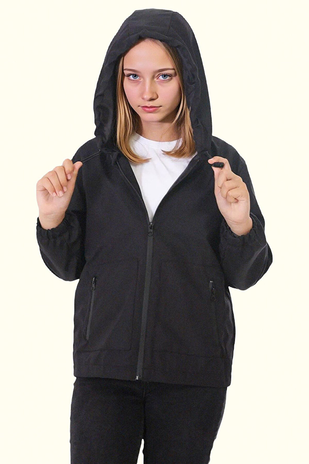 Kız Çocuk Astarlı Su Ve Rüzgar Geçirmez Kapüşonlu Çift Fermuarlı Yağmurluk