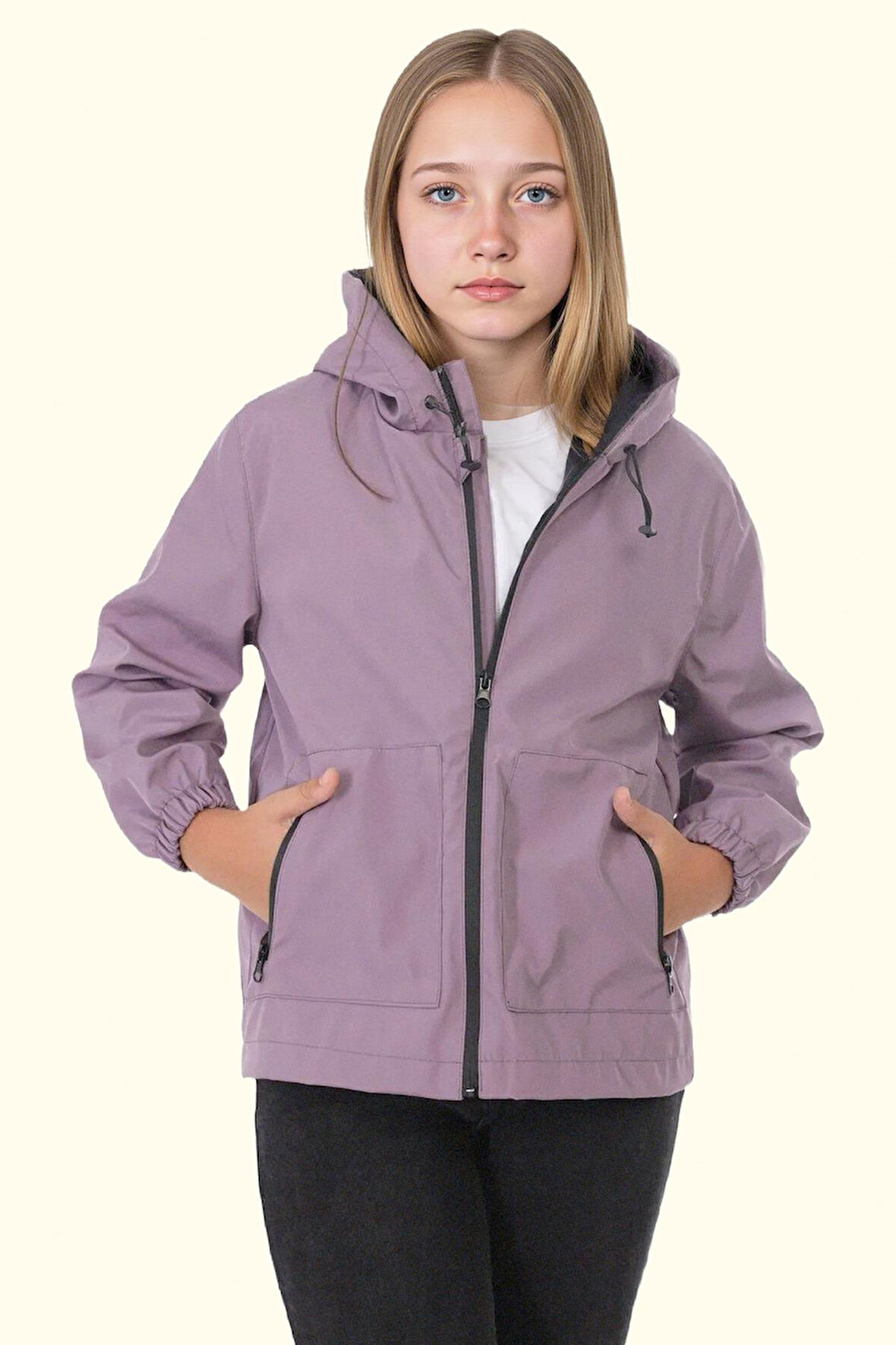 Kız Çocuk Astarlı Su Ve Rüzgar Geçirmez Kapüşonlu Çift Fermuarlı Yağmurluk