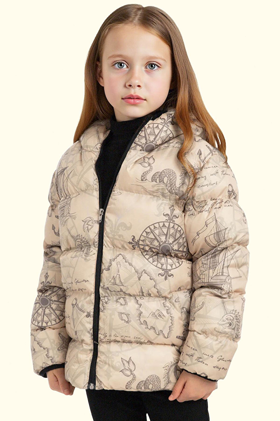 Kız Çocuk Pusula Desen Polar Su Ve Rüzgar Geçirmez Kapüşonlu Şişme Kışlık Mont